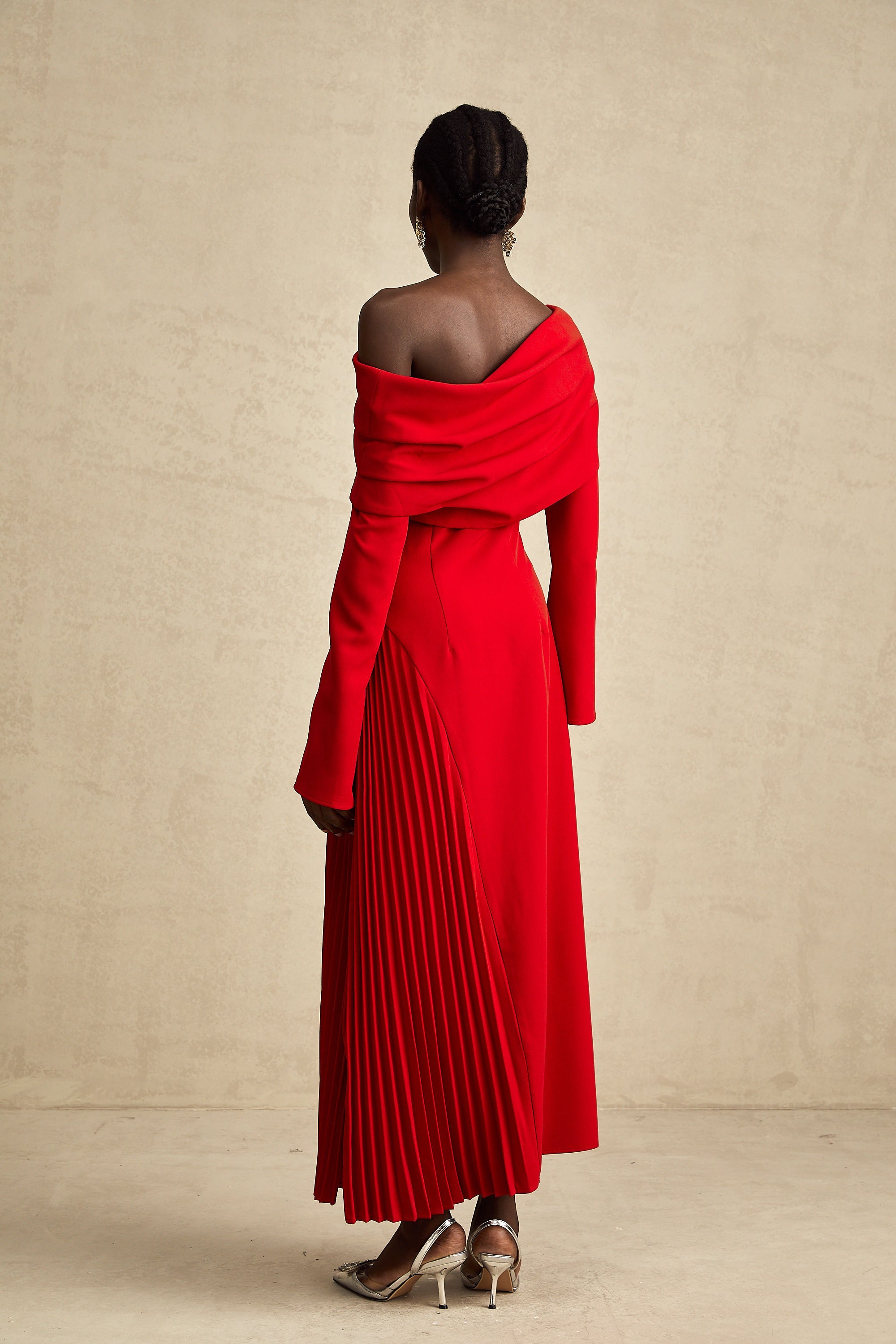Valentine Red Pleated Maxi Dress with High Slit (Final Sale-US Only)