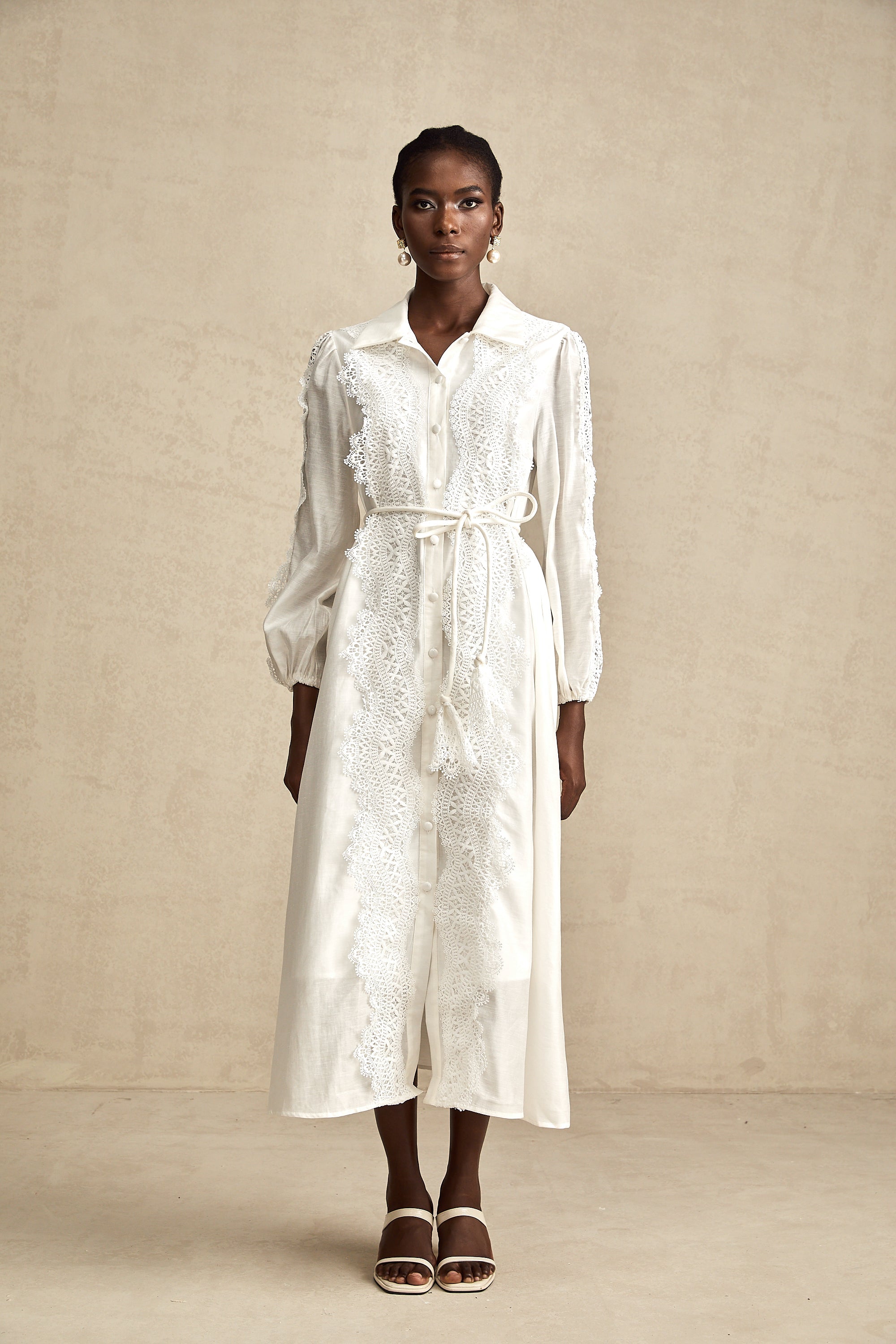 Colette white lace-detail tied-waist midi dress (Final Sale-US Only)