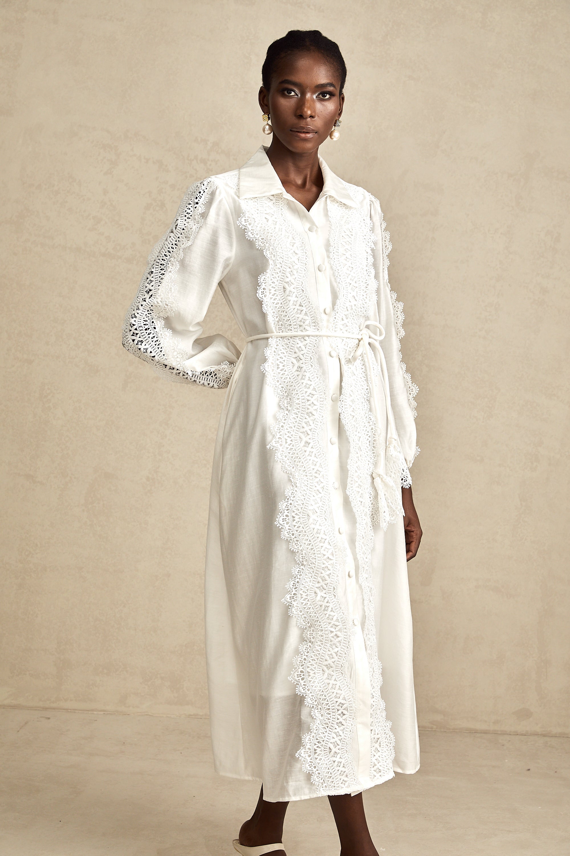 Colette white lace-detail tied-waist midi dress (Final Sale-US Only)