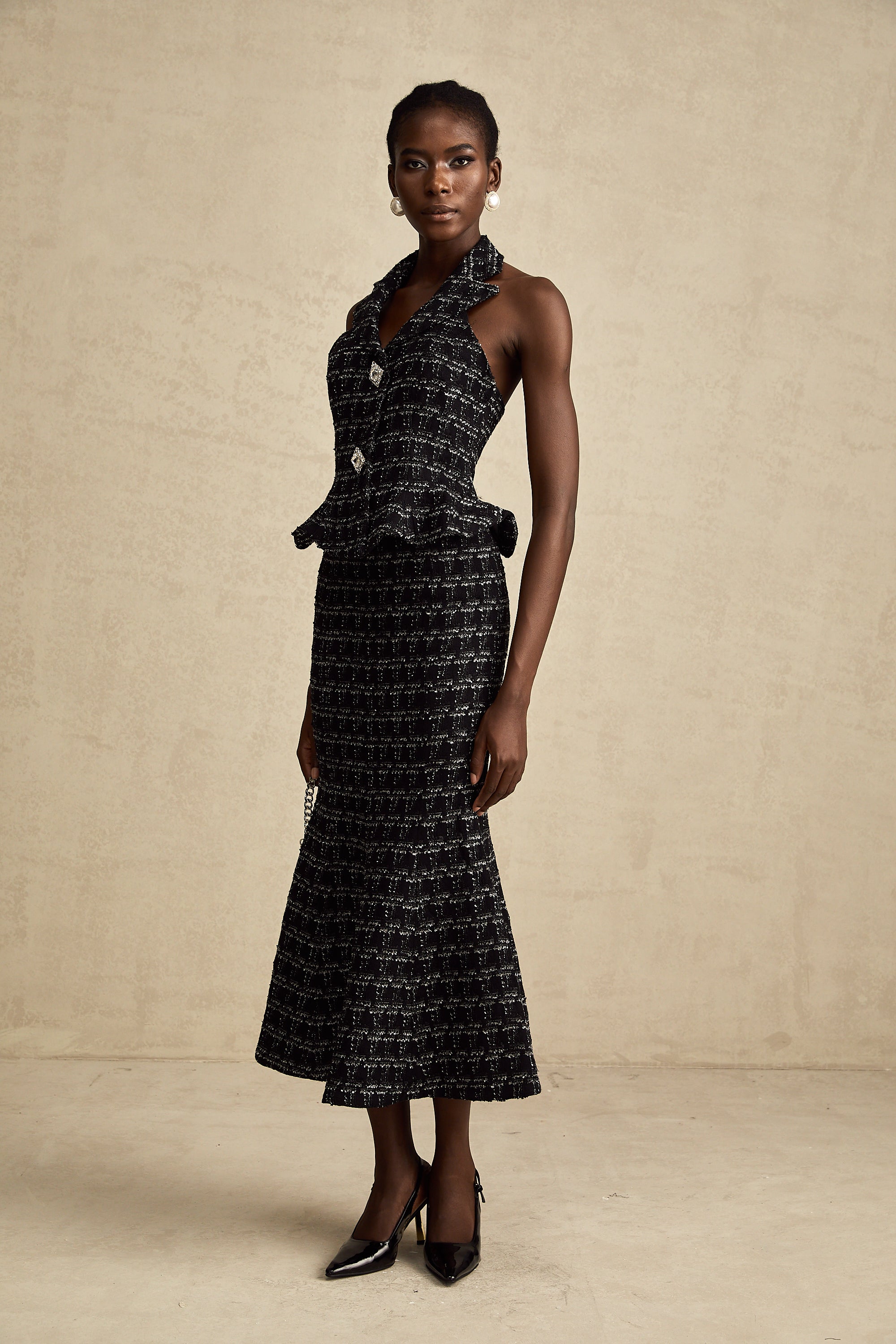 Axelle black checked tweed vest top & skirt matching set (Final Sale)
