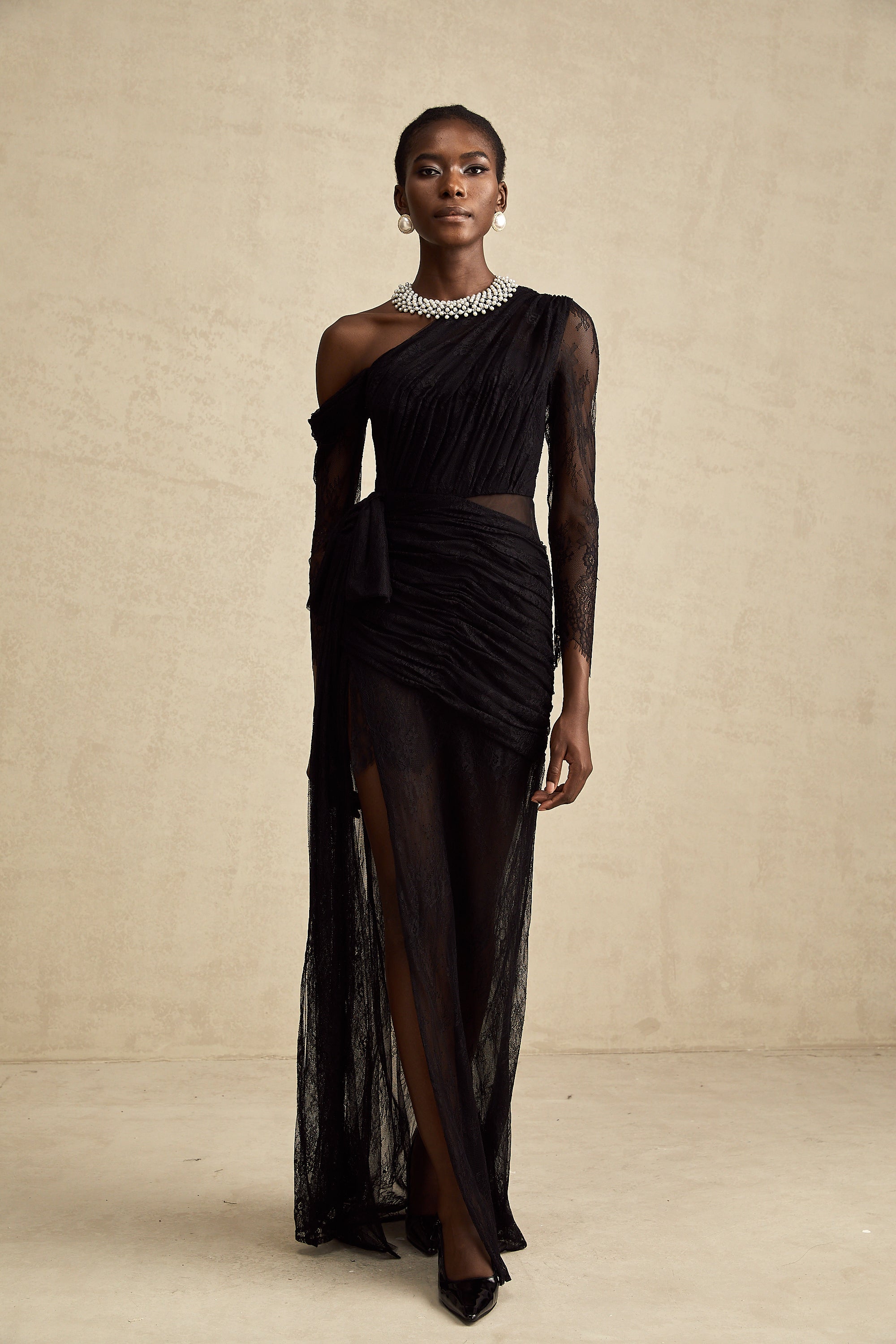 Black One-Shoulder Lace Maxi Dress with Ruched Detailing and High Leg Slit