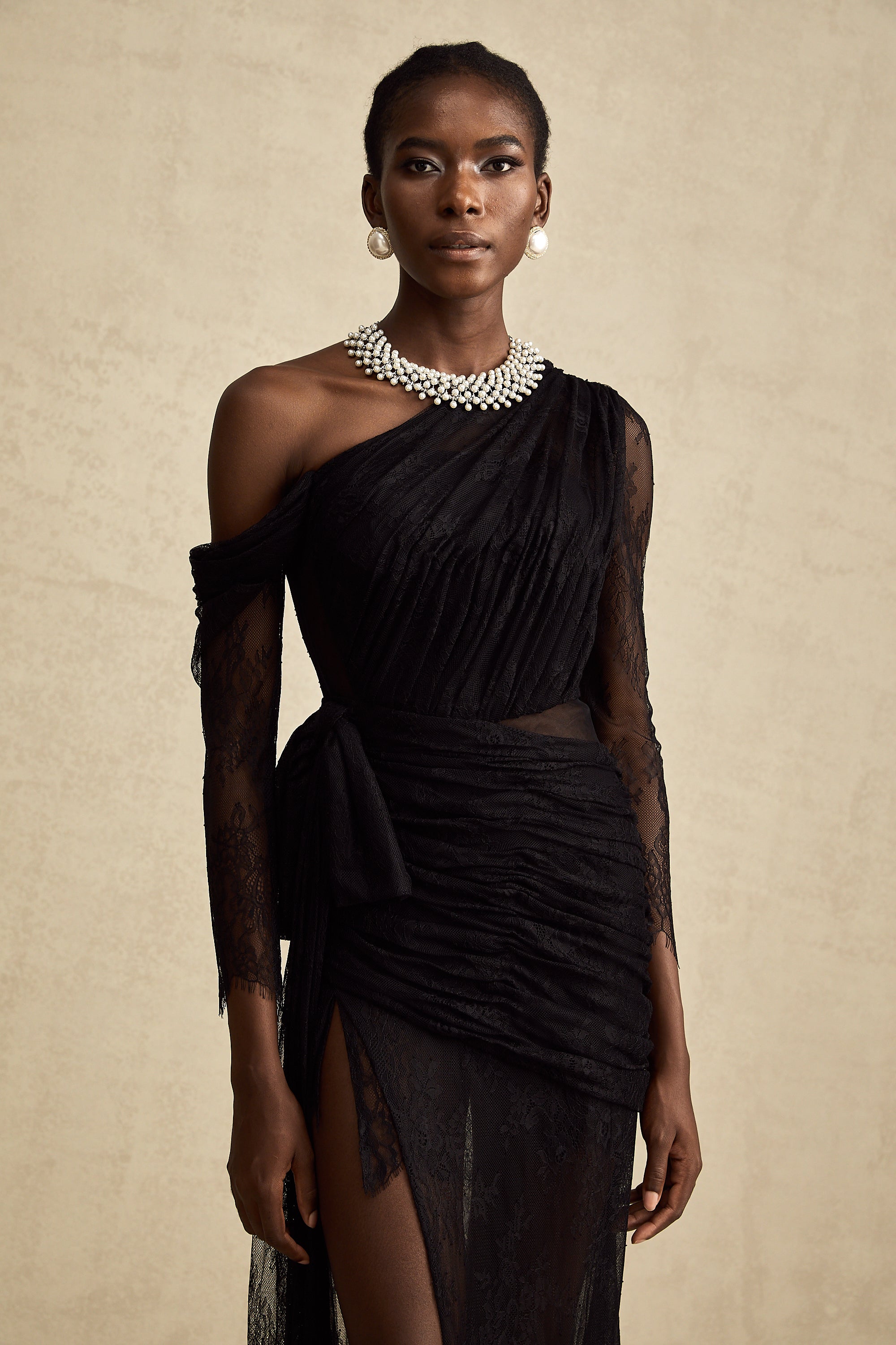 Black One-Shoulder Lace Maxi Dress with Ruched Detailing and High Leg Slit
