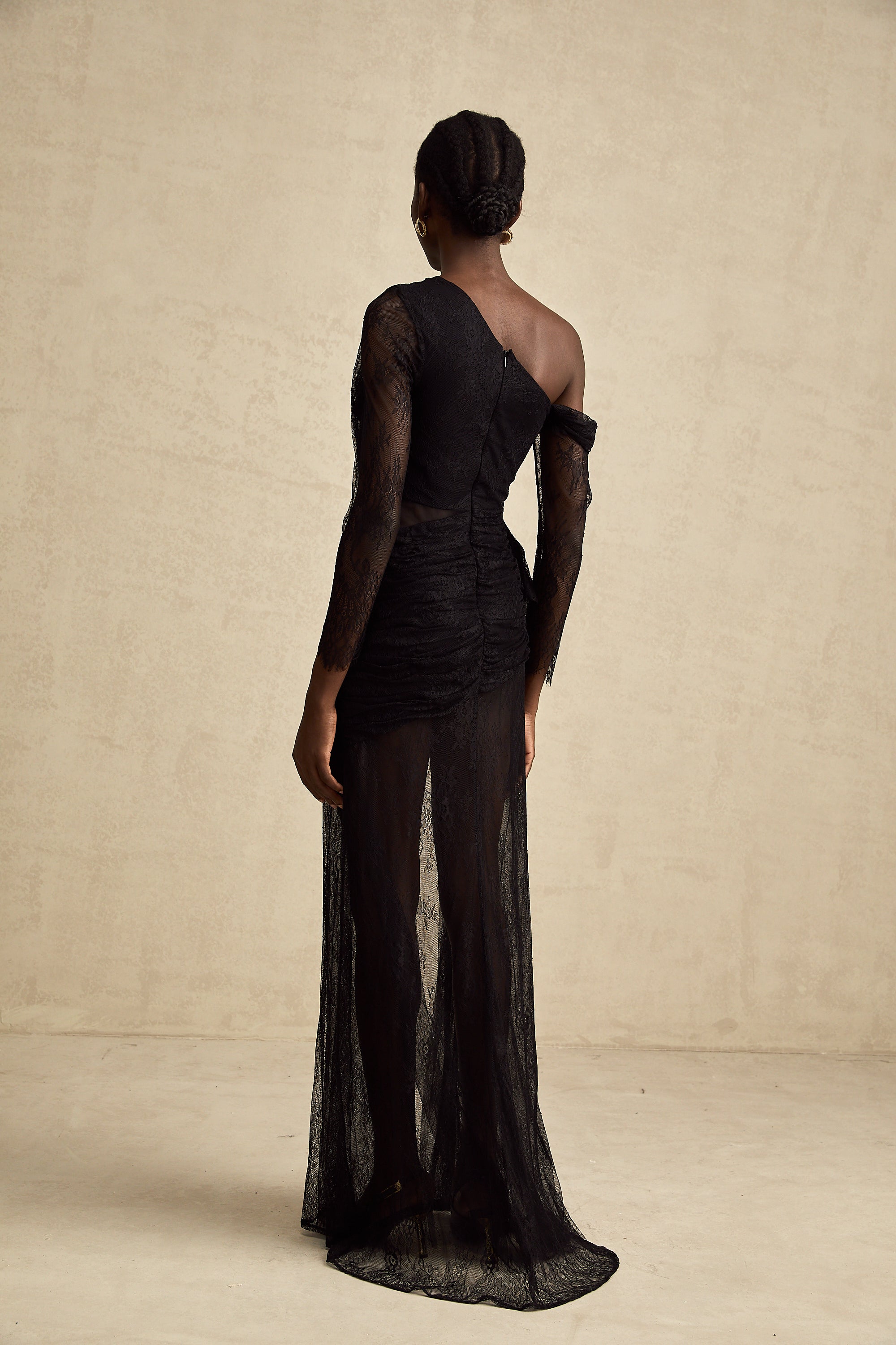 Black One-Shoulder Lace Maxi Dress with Ruched Detailing and High Leg Slit