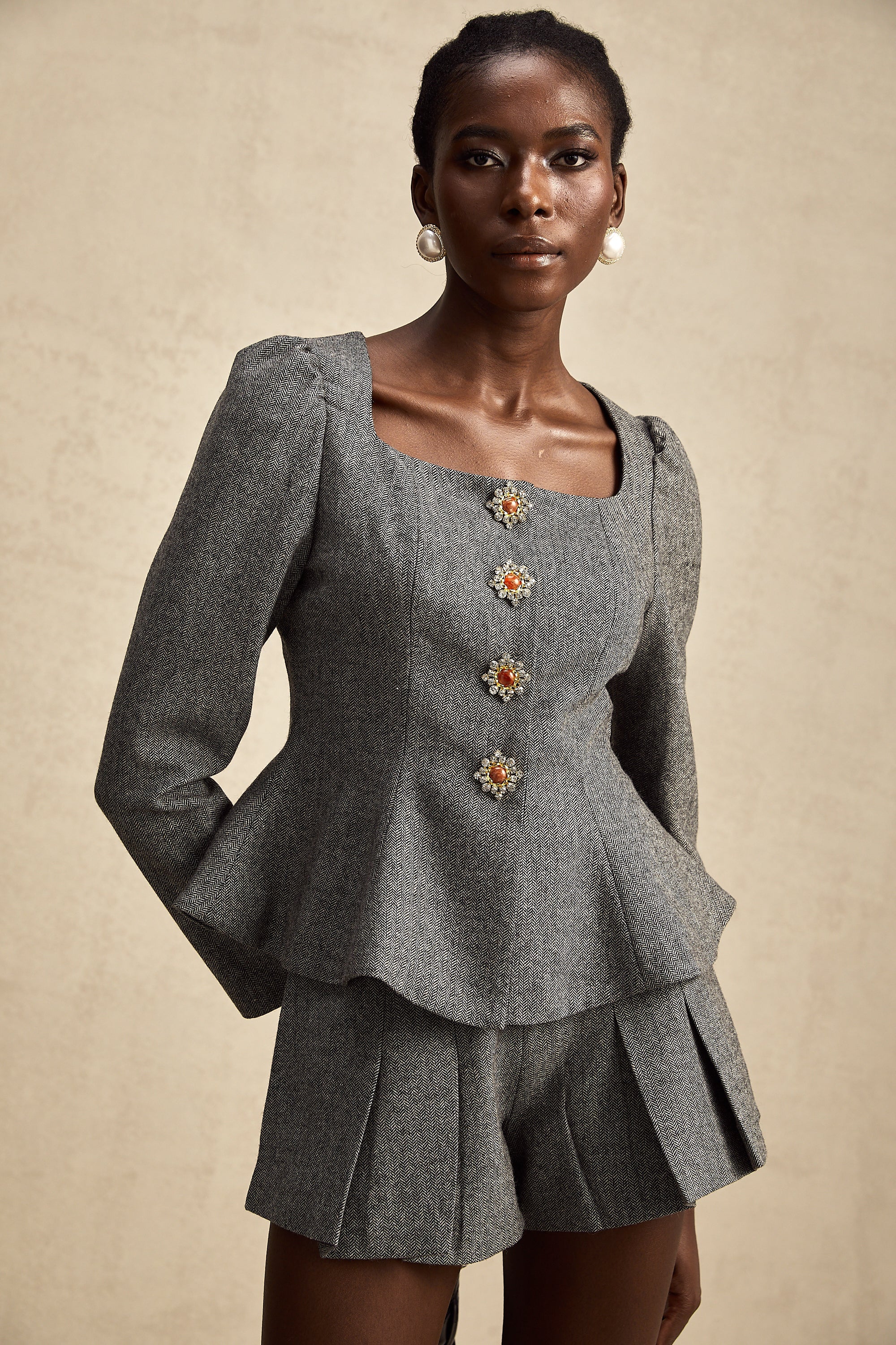 Agathe grey herringbone top & shorts matching set (Final Sale)