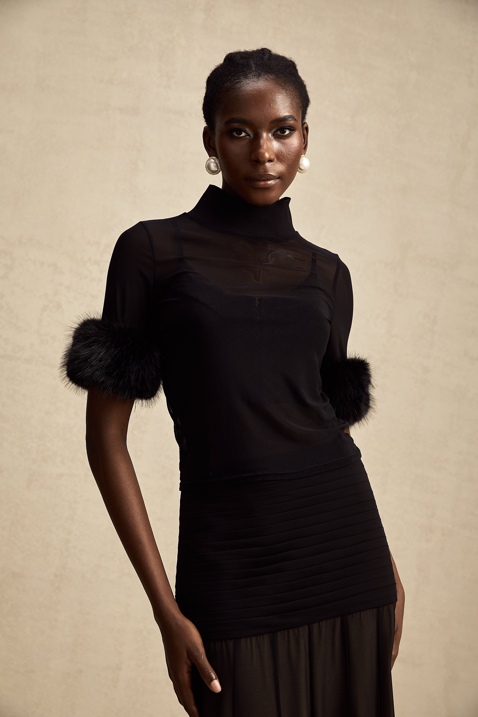 Ségolène black faux-fur tulle top (Final Sale-US Only)
