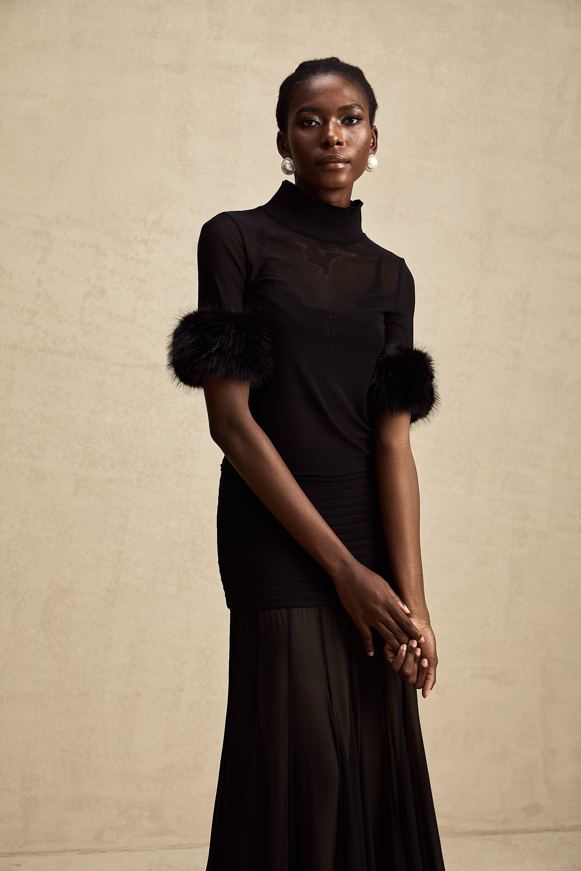 Ségolène black faux-fur tulle top (Final Sale-US Only)
