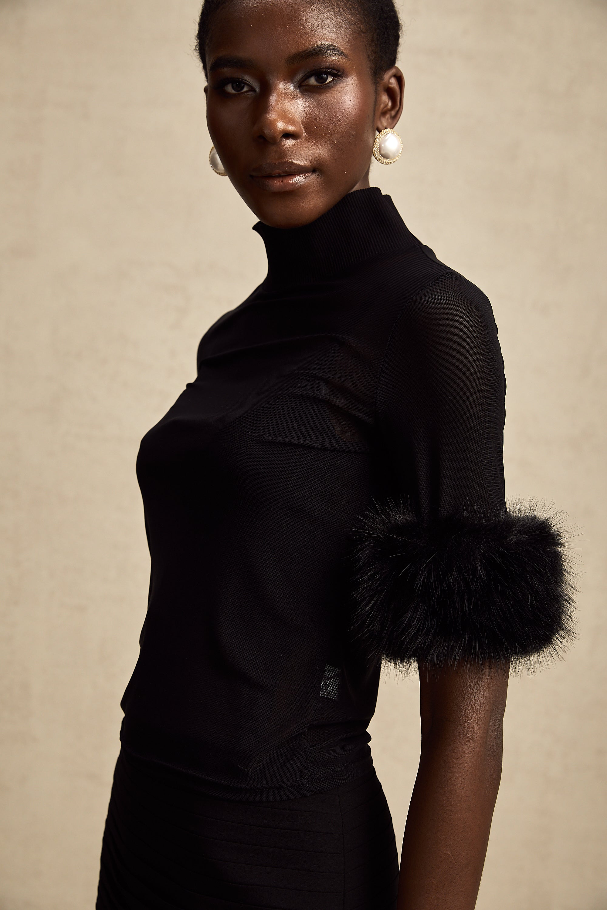 Ségolène black faux-fur tulle top (Final Sale-US Only)