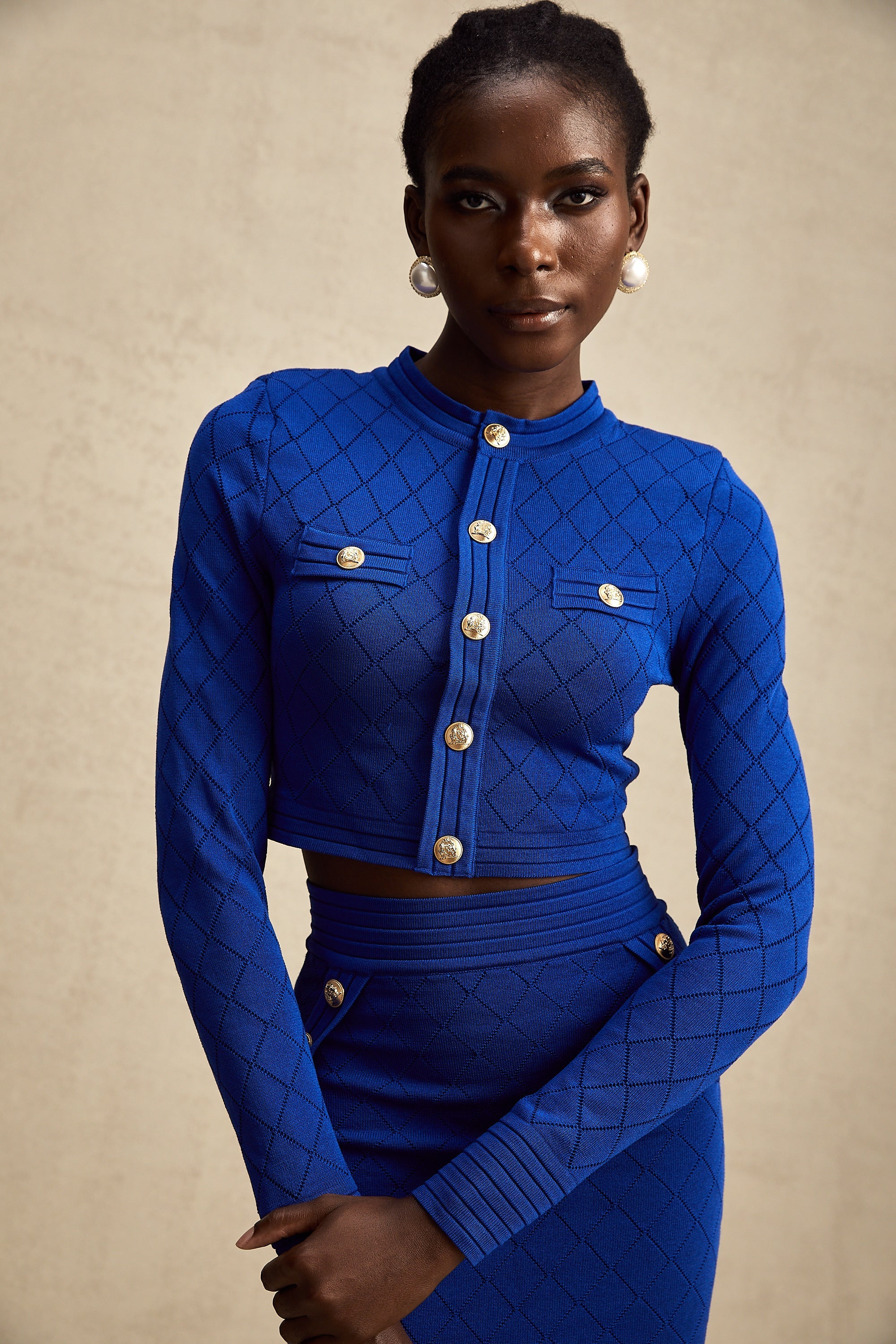 Maëlys blue button-detail knitted top & skirt matching set (Final Sale)
