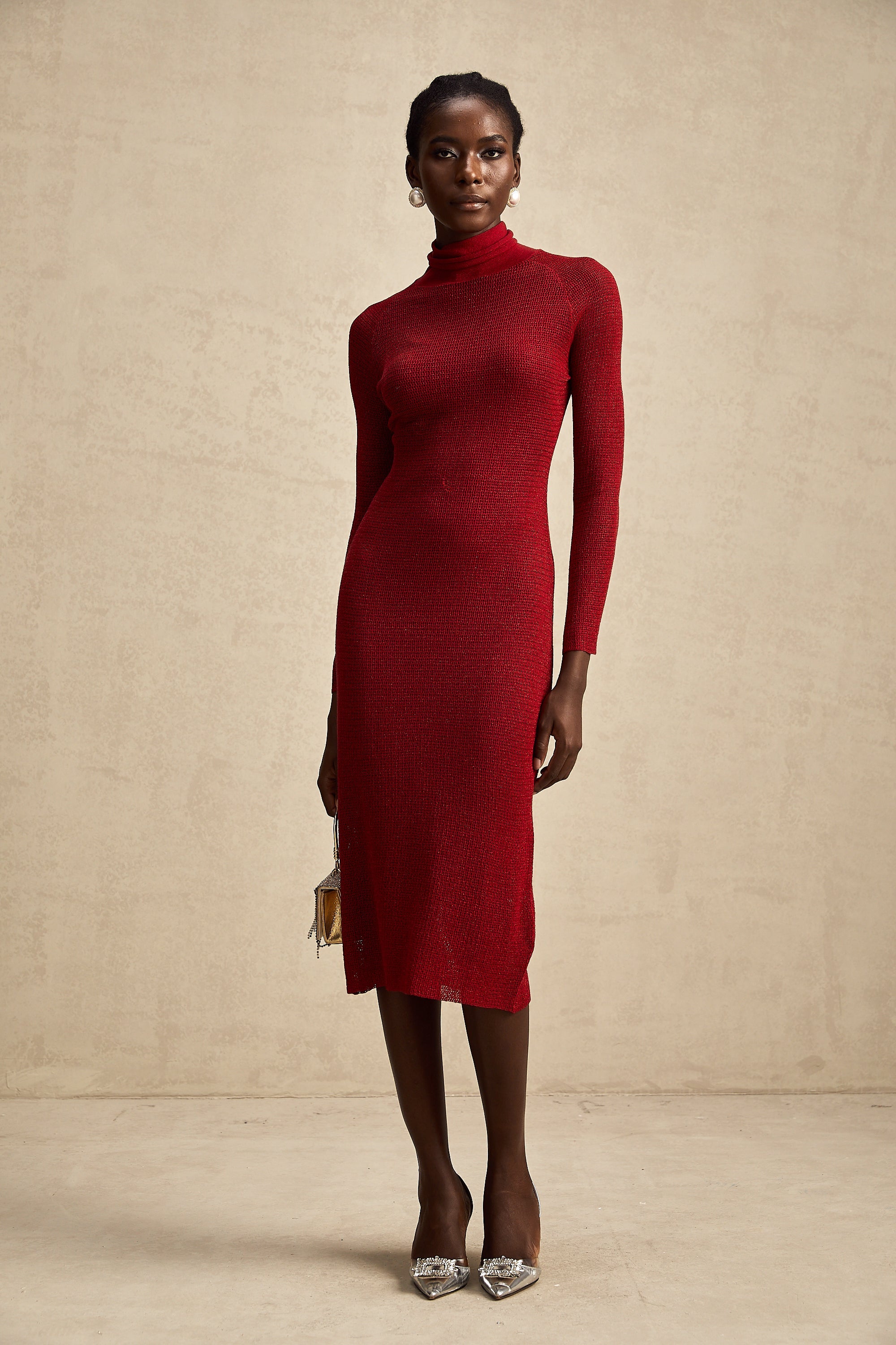 Arianee red metallic pointelle midi dress (Final Sale-US Only)