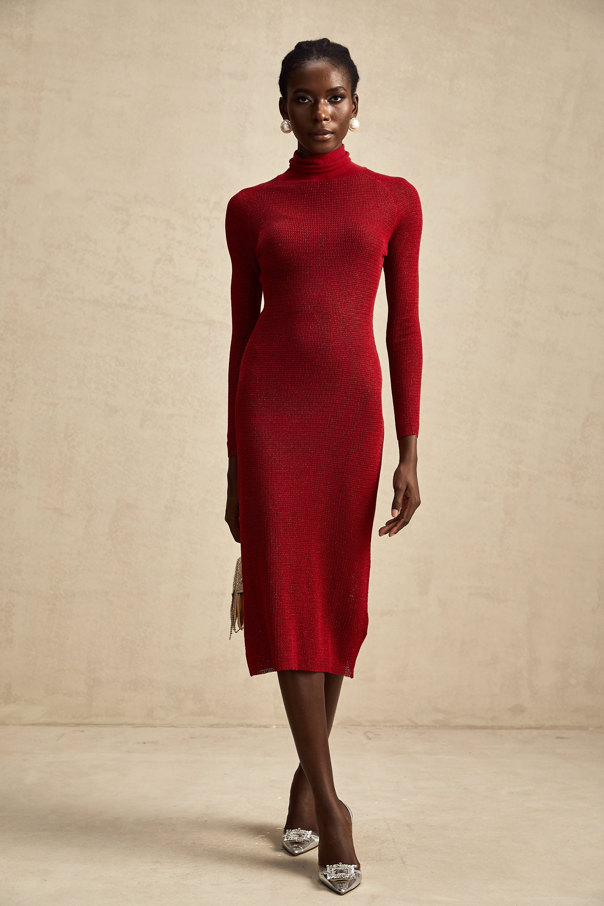 Arianee red metallic pointelle midi dress (Final Sale-US Only)