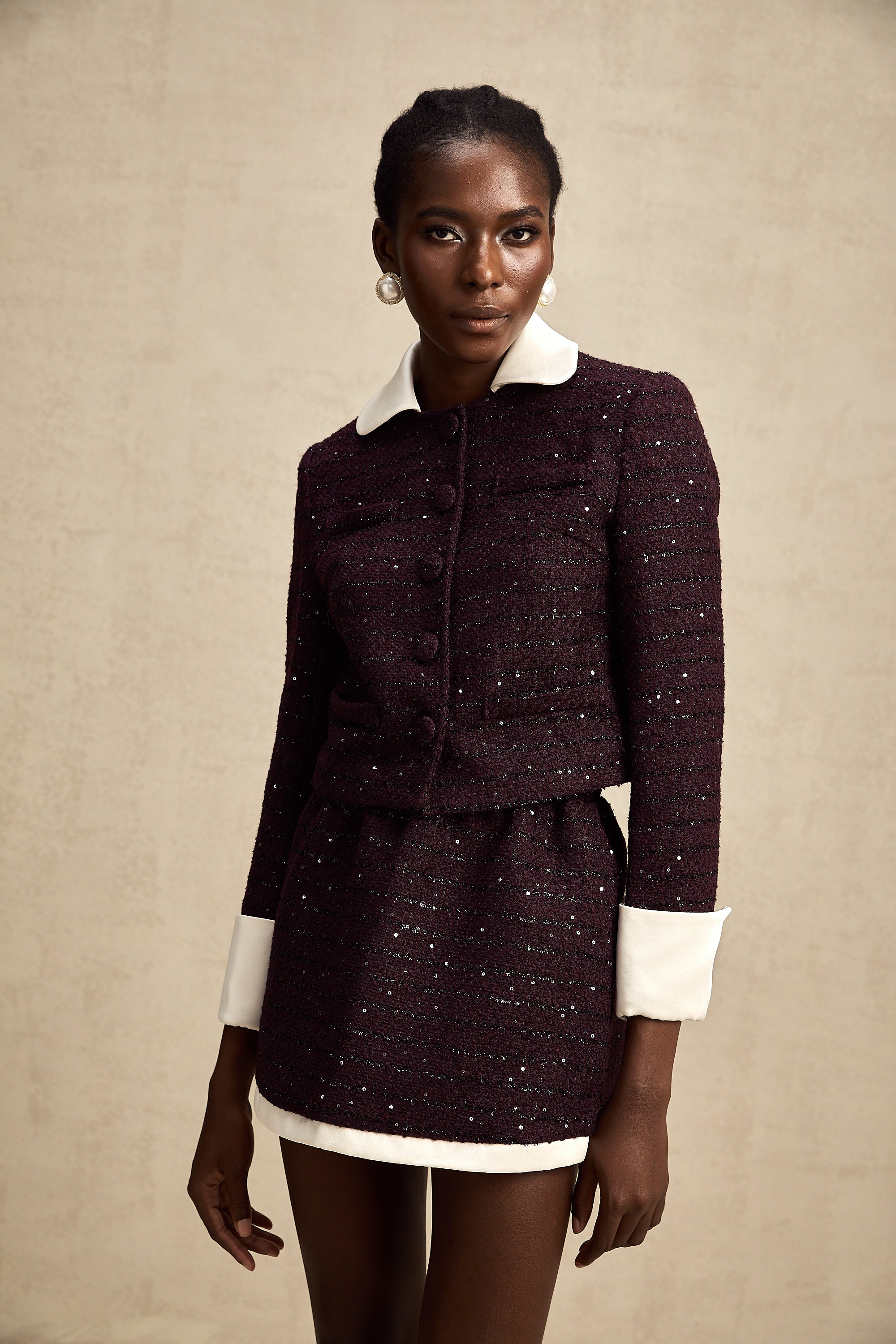 Brigitte purple sequined tweed jacket & skirt matching set (Final Sale-US Only)