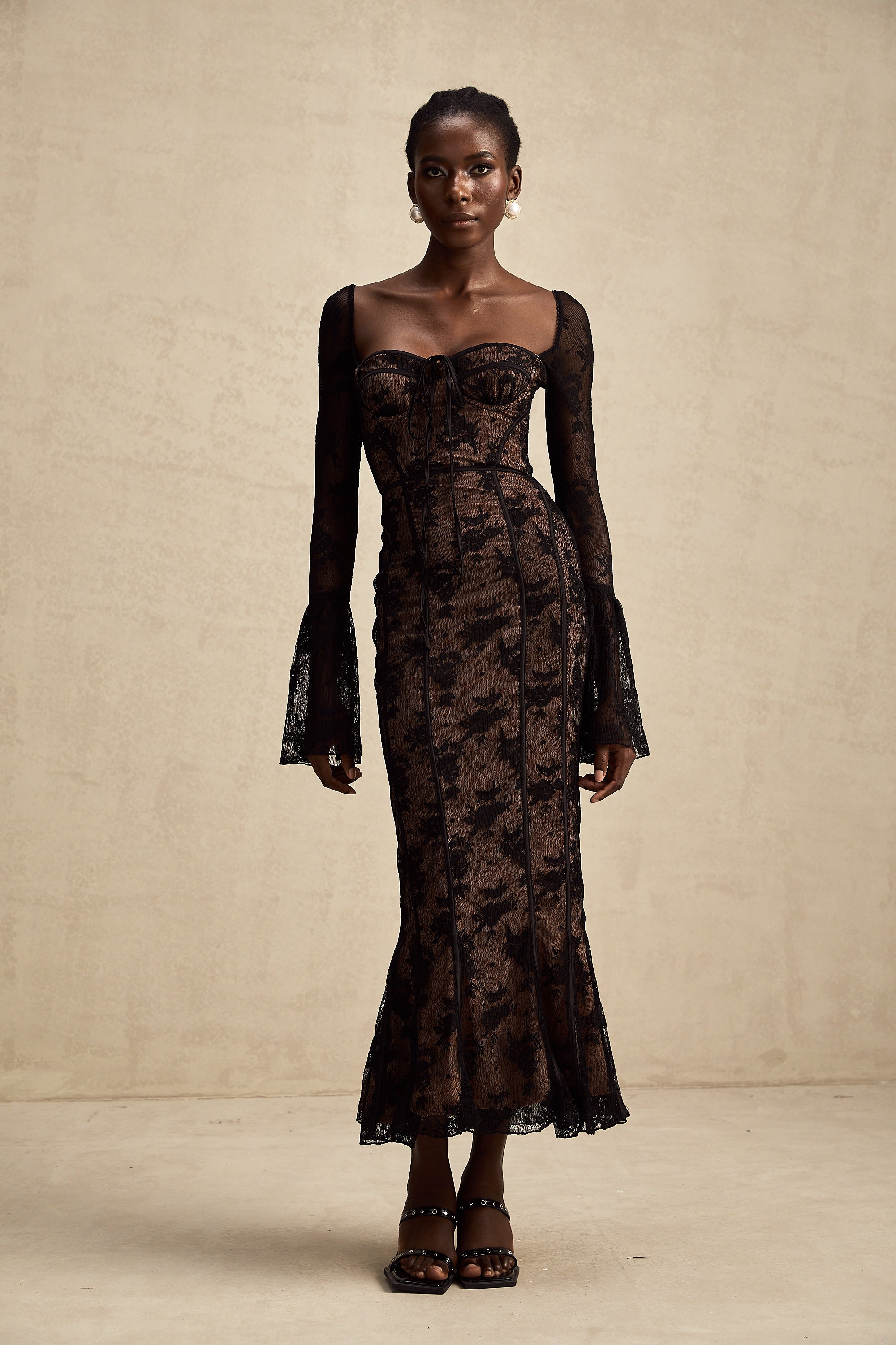 Marlene Black Flared Lace Maxi Dress (Final Sale)