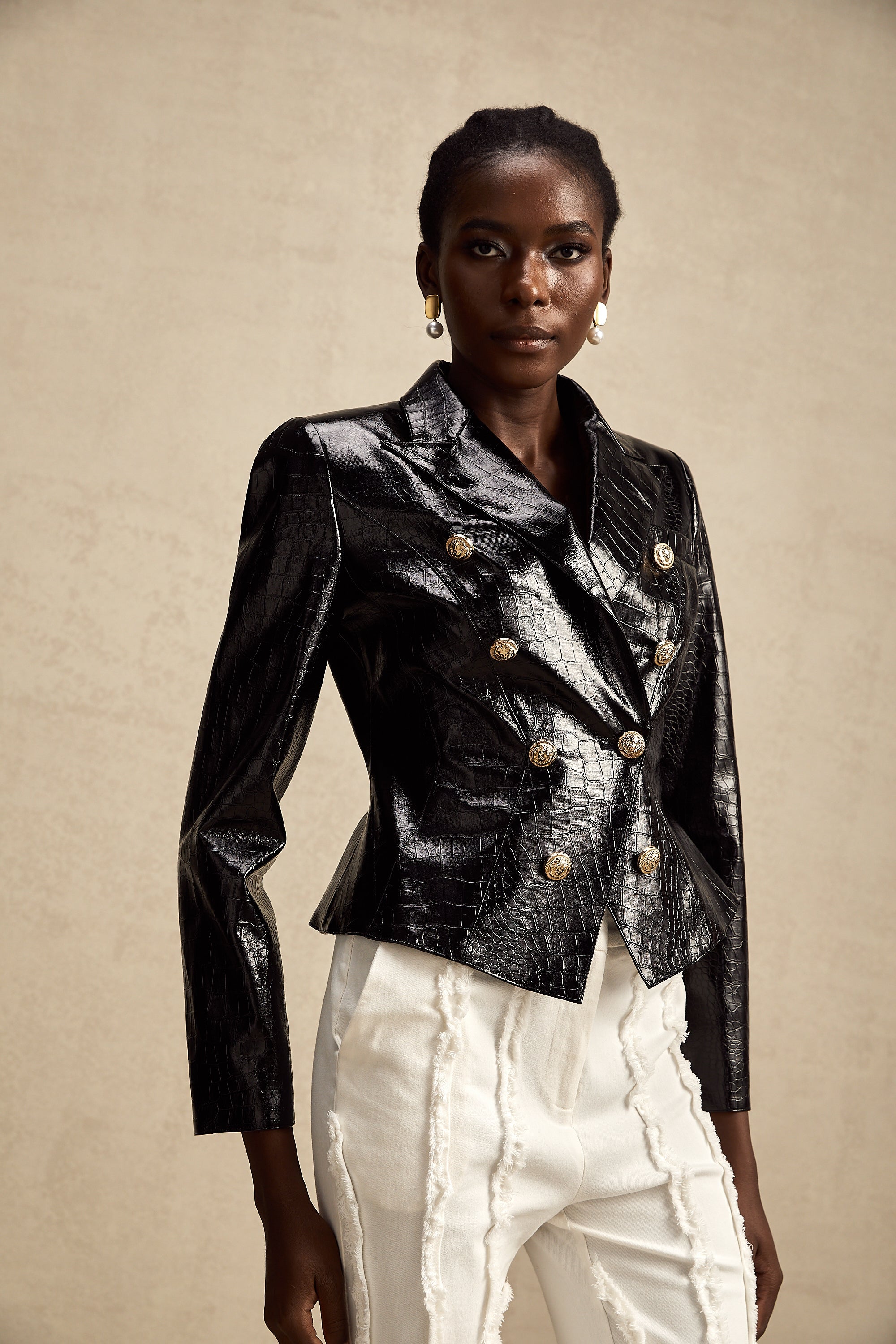 Élodie black cinched-waist leather jacket (Final Sale)