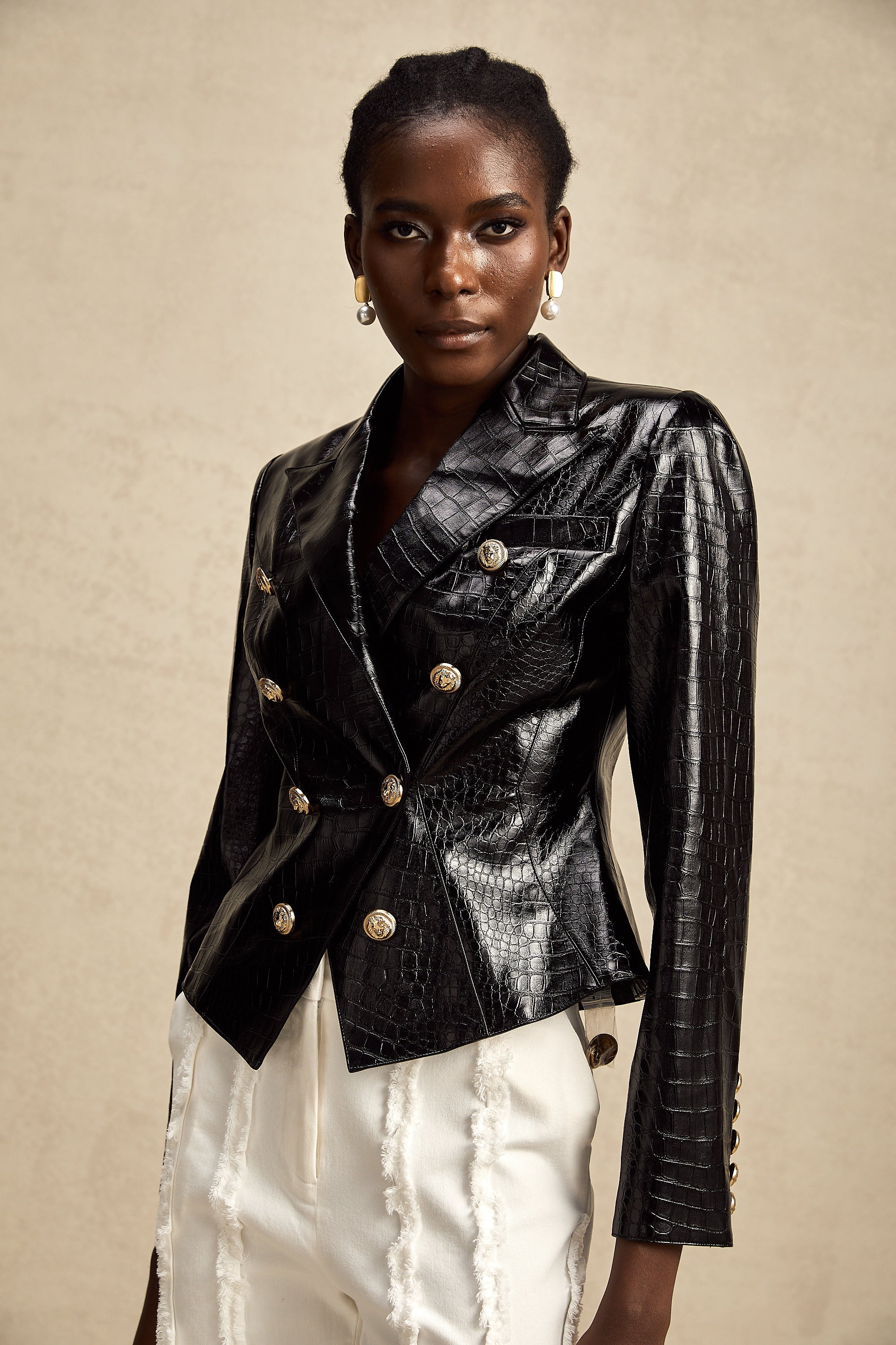 Élodie black cinched-waist leather jacket (Final Sale)