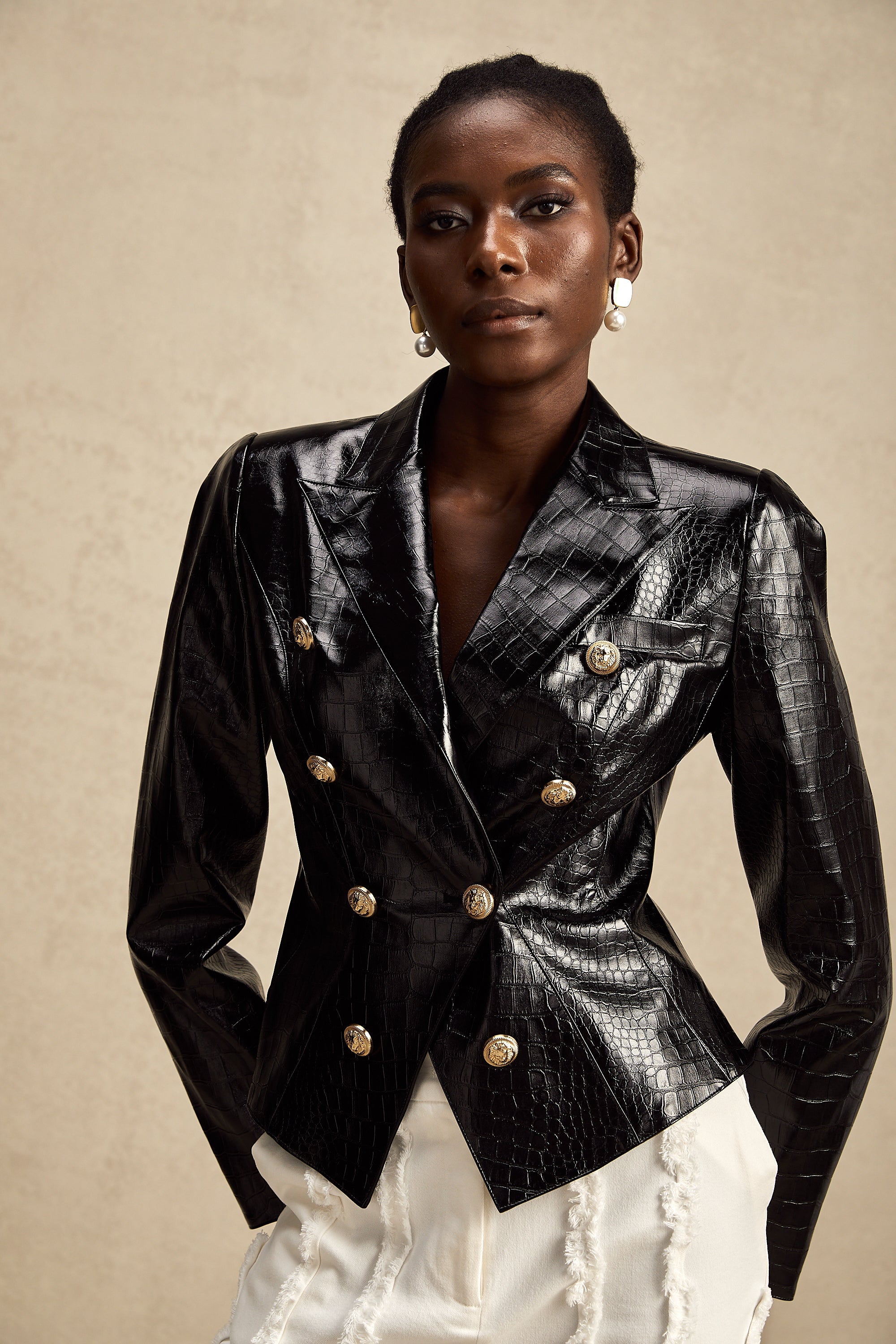Élodie black cinched-waist leather jacket (Final Sale)