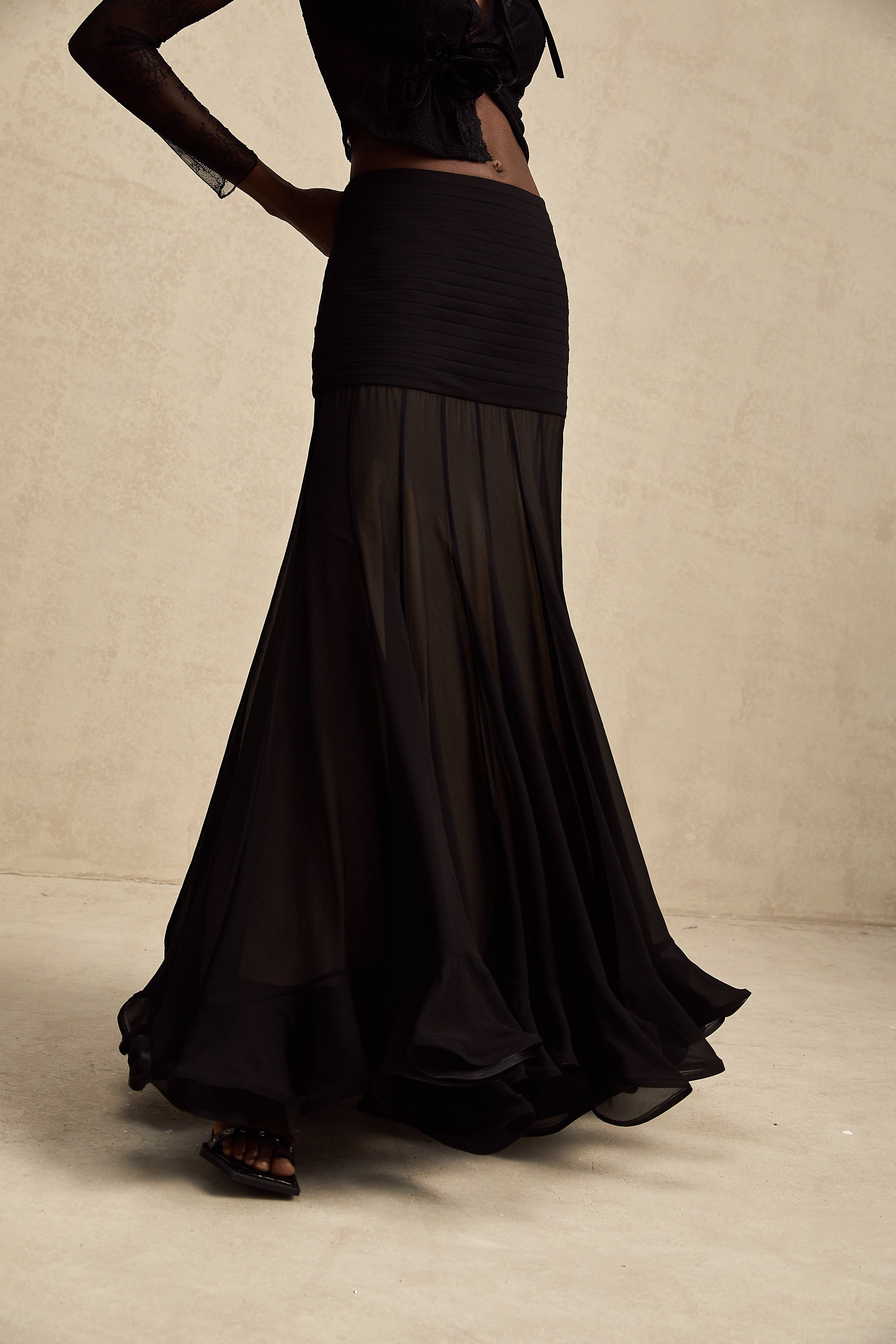 Jacqueline rayon ruffle pleated tulle maxi skirt (Final Sale)