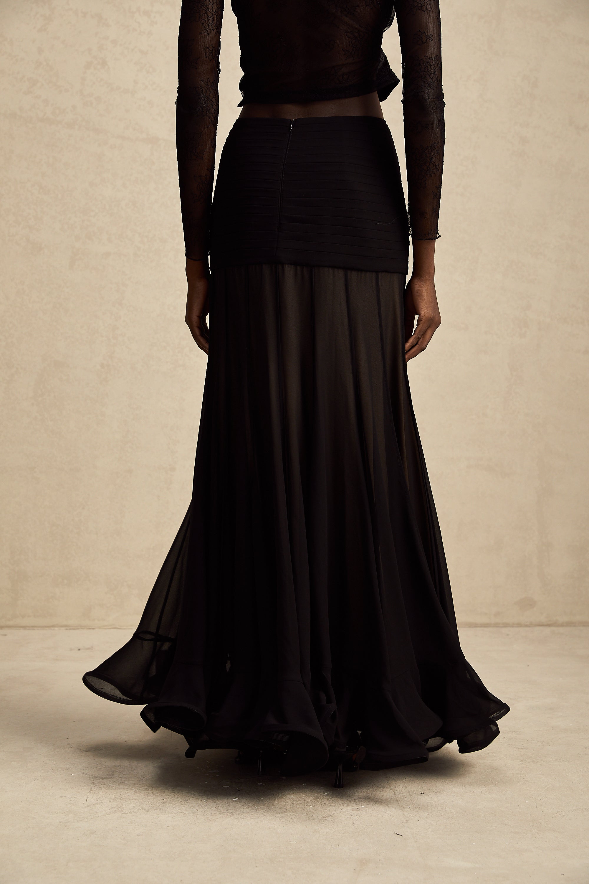 Jacqueline rayon ruffle pleated tulle maxi skirt (Final Sale)