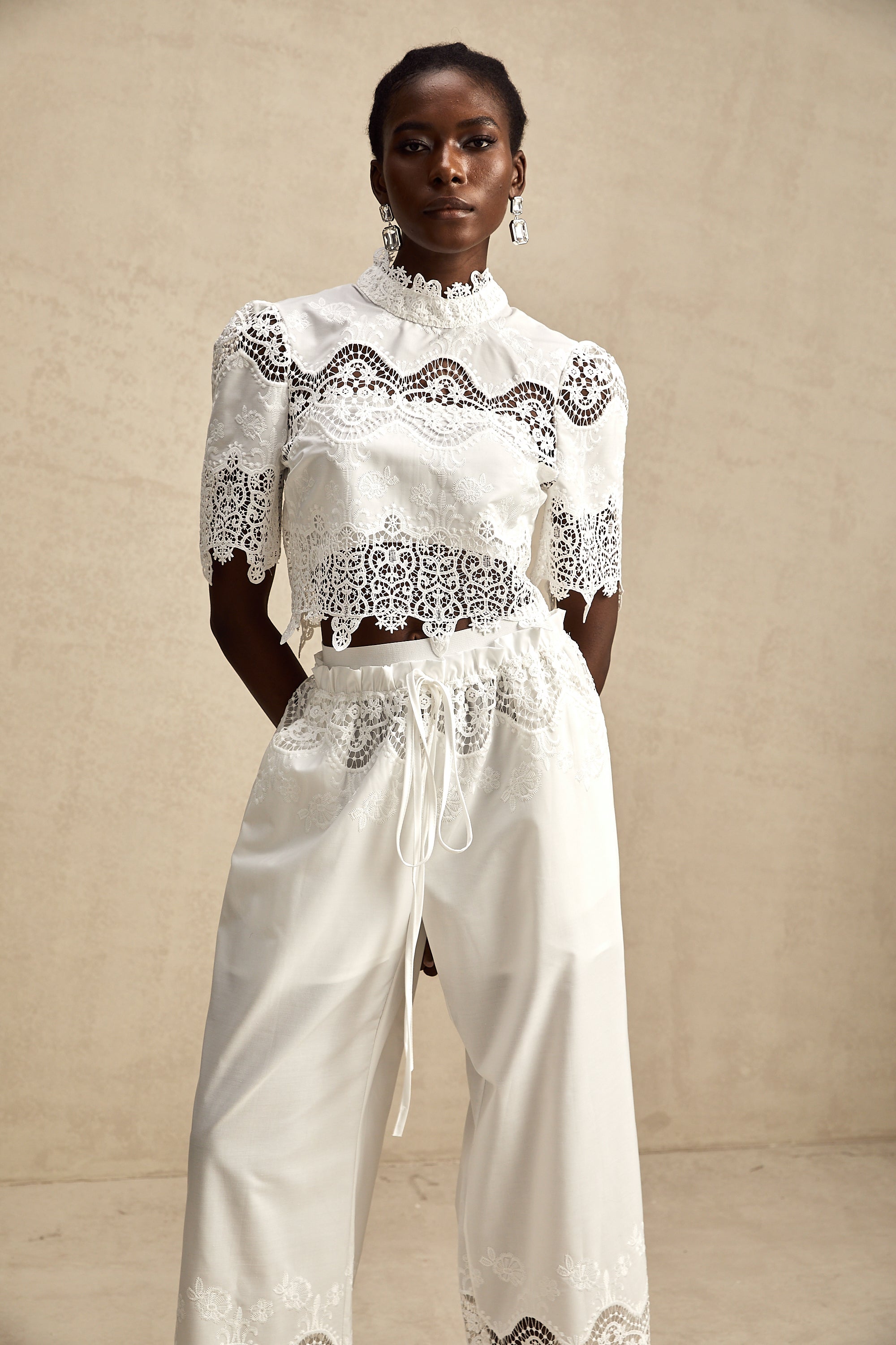 Raphaëlle lace-trim cut-out cropped top & trousers matching set (Final Sale)