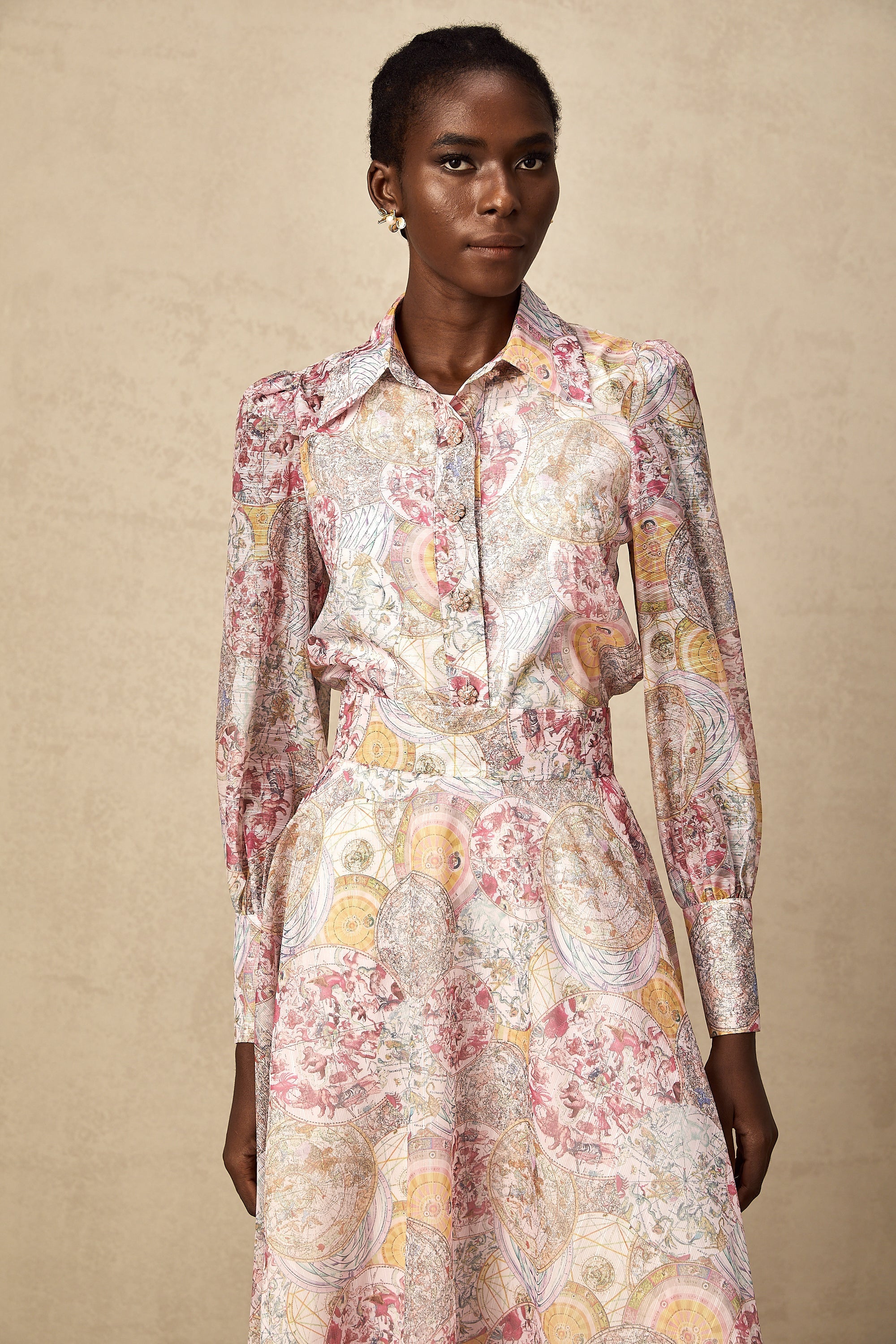 Cherry pink pattern-print shirt & skirt matching set(Final Sale-US Only)