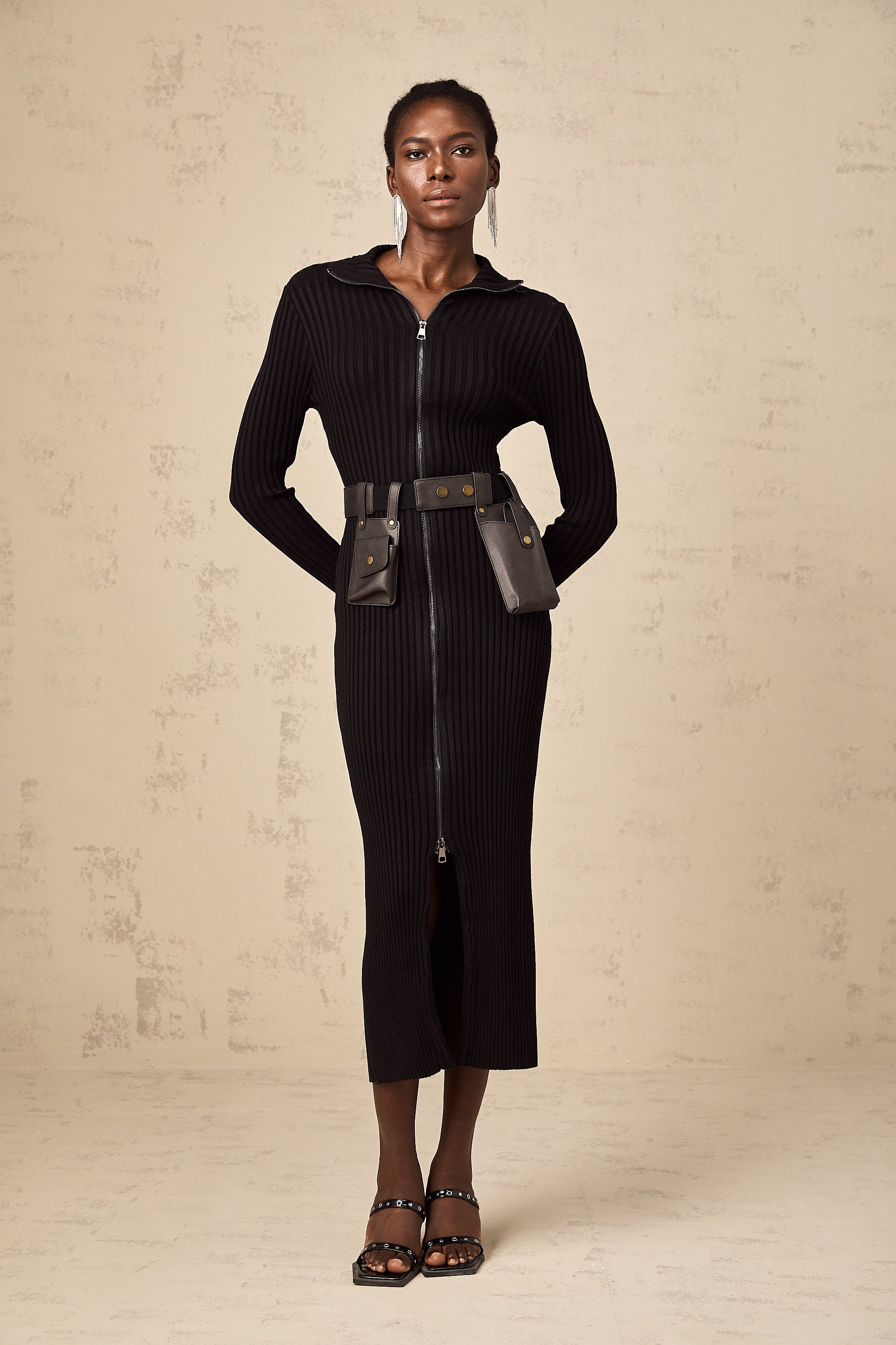 Nicoletta black front-zip belted knit midi dress (Final Sale)