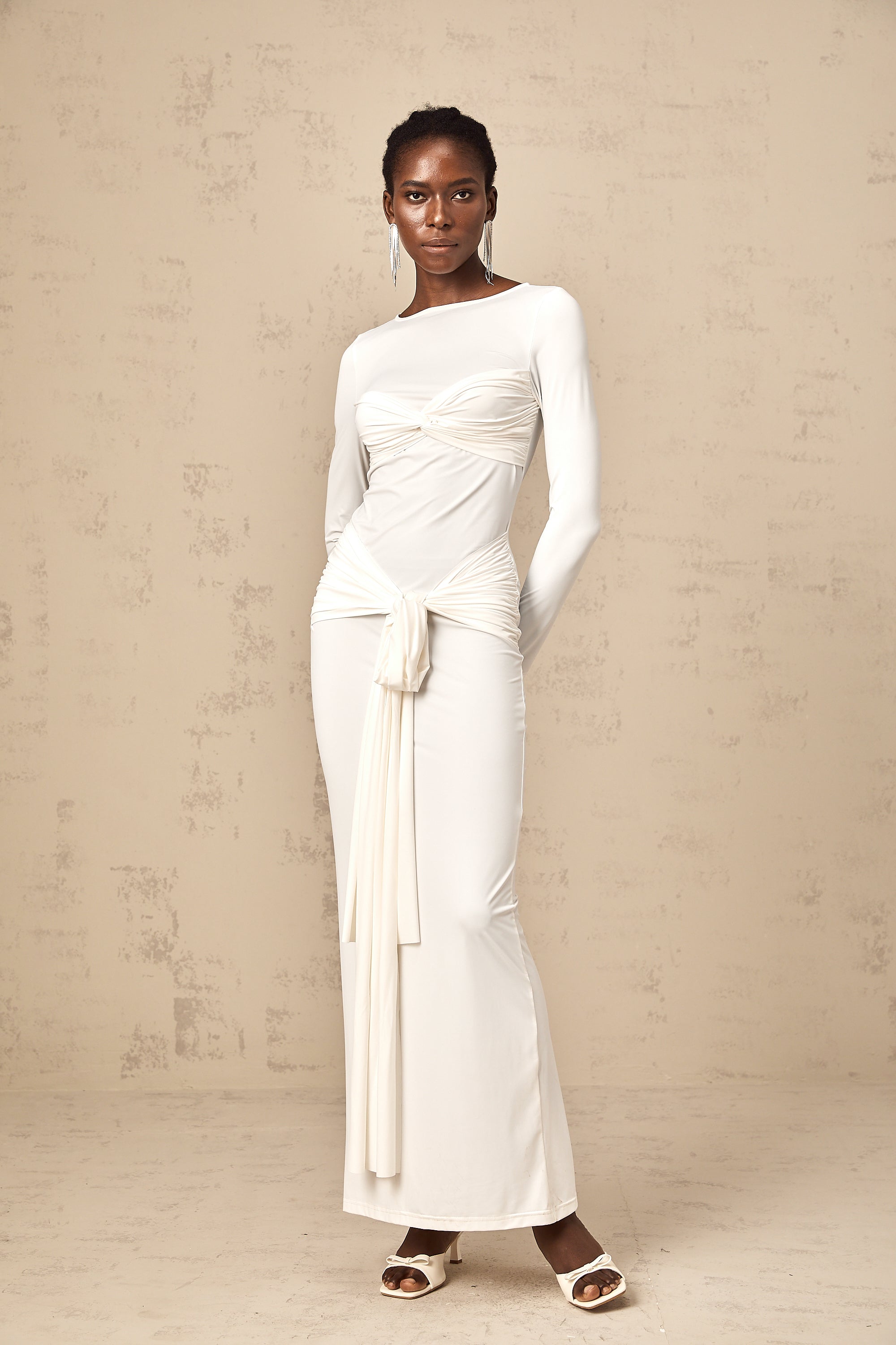 Elena white ribbon twist-detail ruched maxi dress (Final Sale-US Only)