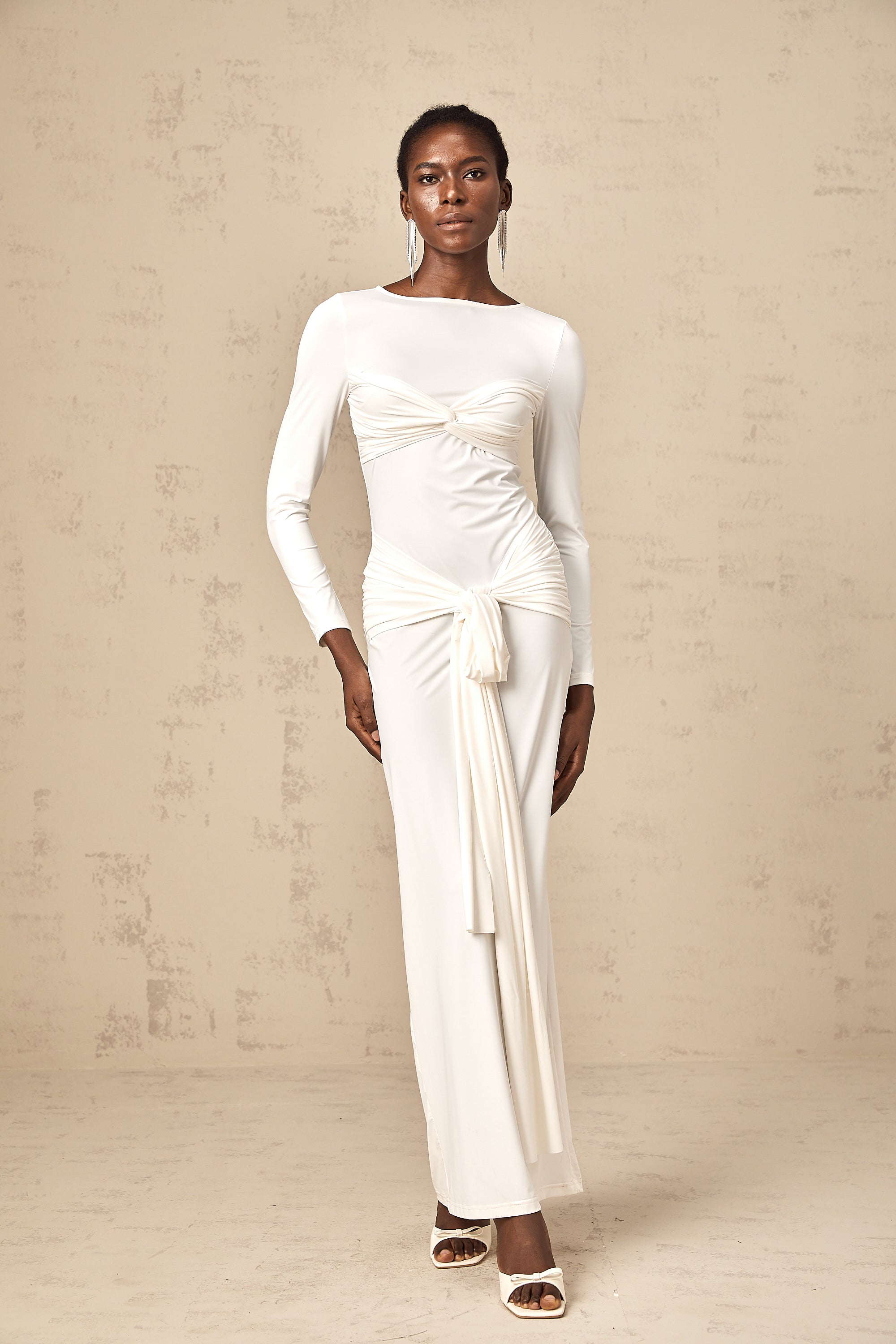 Elena white ribbon twist-detail ruched maxi dress (Final Sale-US Only)