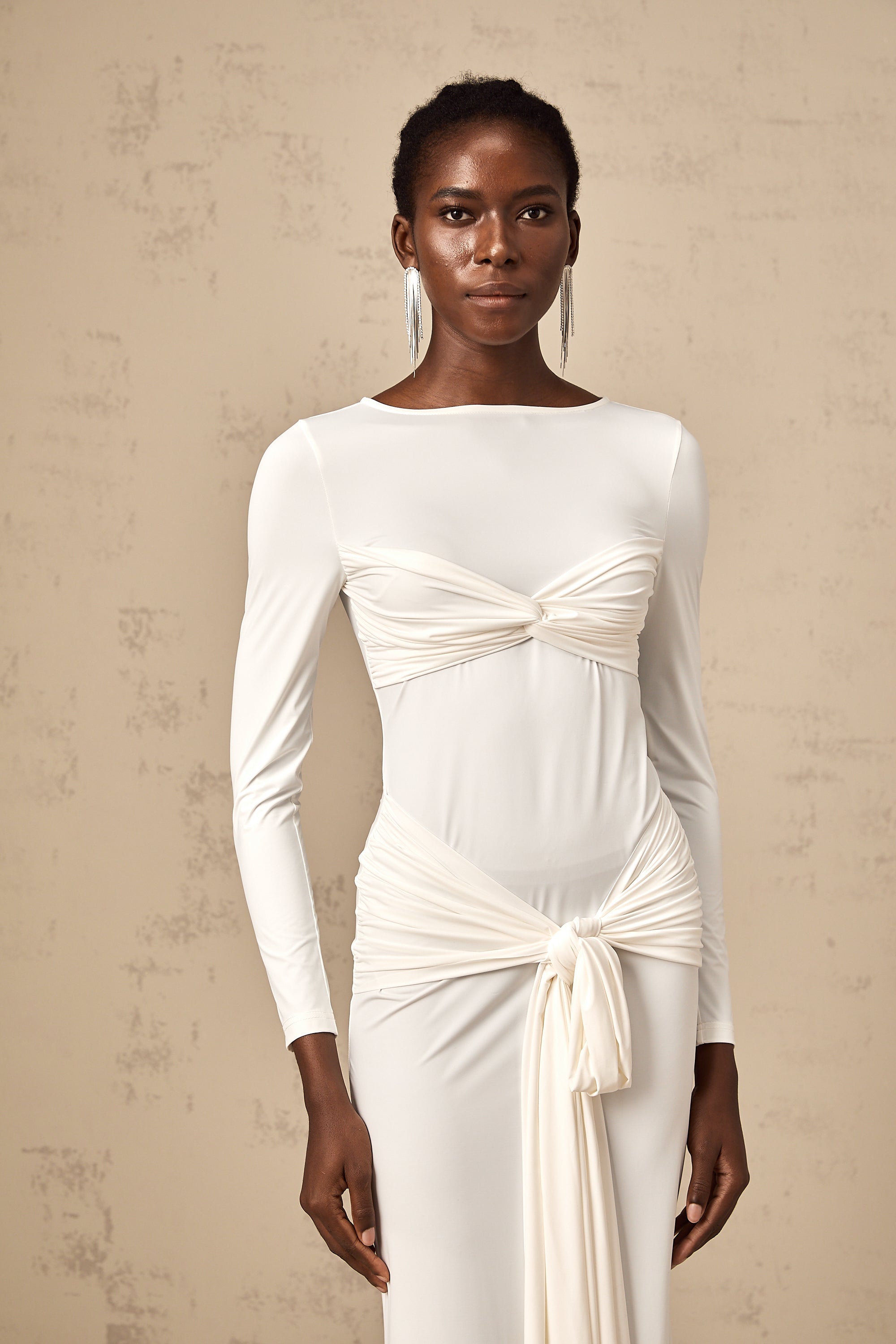 Elena white ribbon twist-detail ruched maxi dress (Final Sale-US Only)