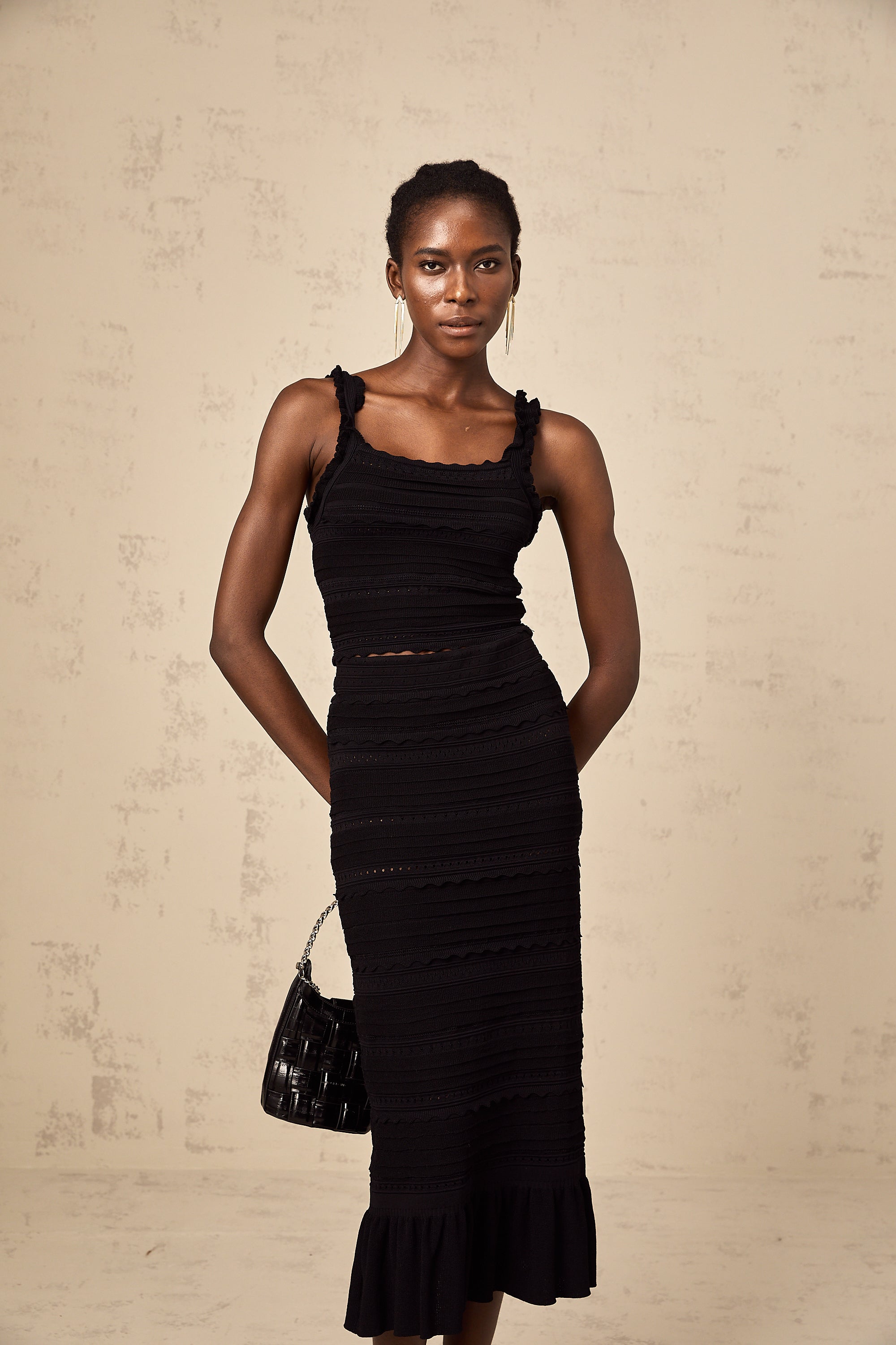 Céleste black knitted ruffled top & skirt matching set (Final Sale-US Only)