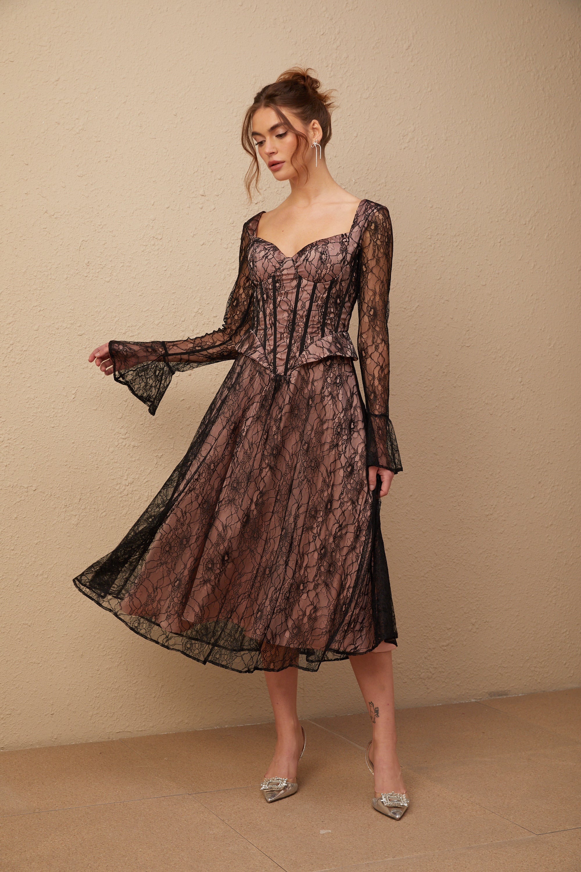 Jennifer black lace flared midi dress (Final Sale-US Only)