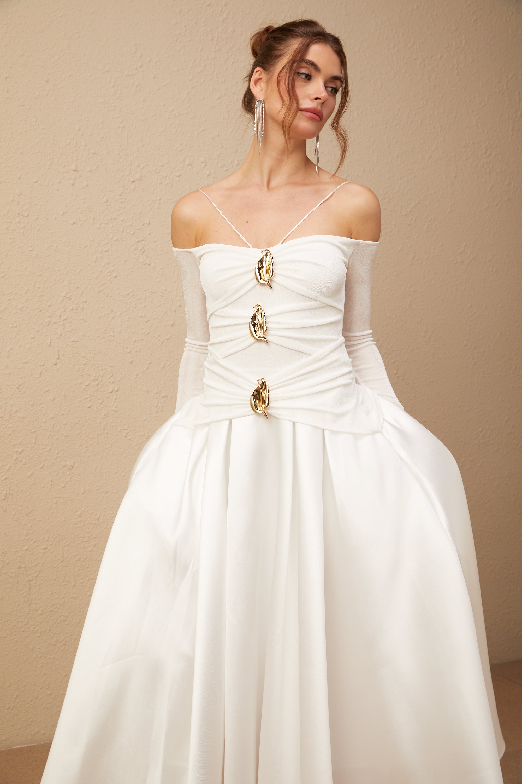 Nadine off-shoulder panelled maxi dress in White (Final Sale)