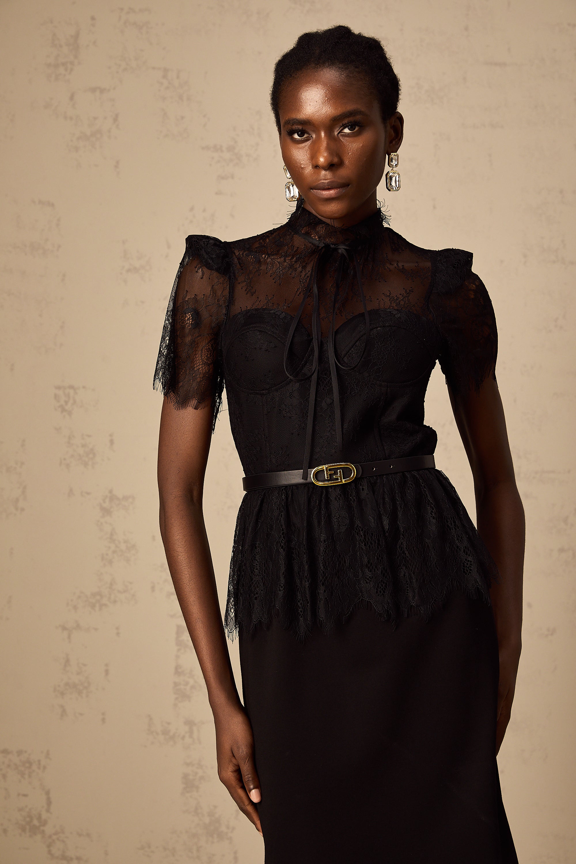 Thérèse black guipure-lace panelled midi dress (Without belt) (Final Sale)