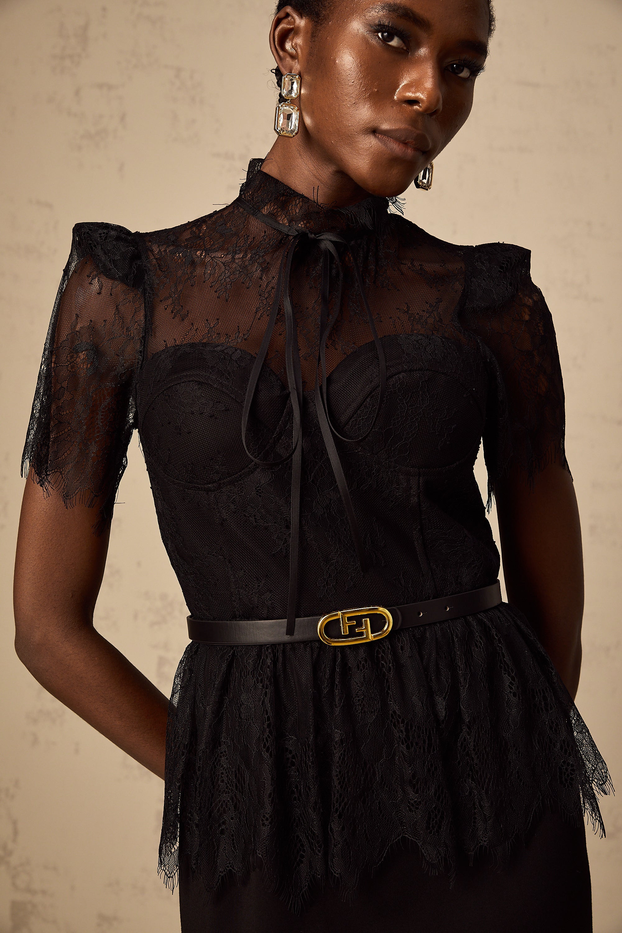 Thérèse black guipure-lace panelled midi dress (Without belt) (Final Sale)