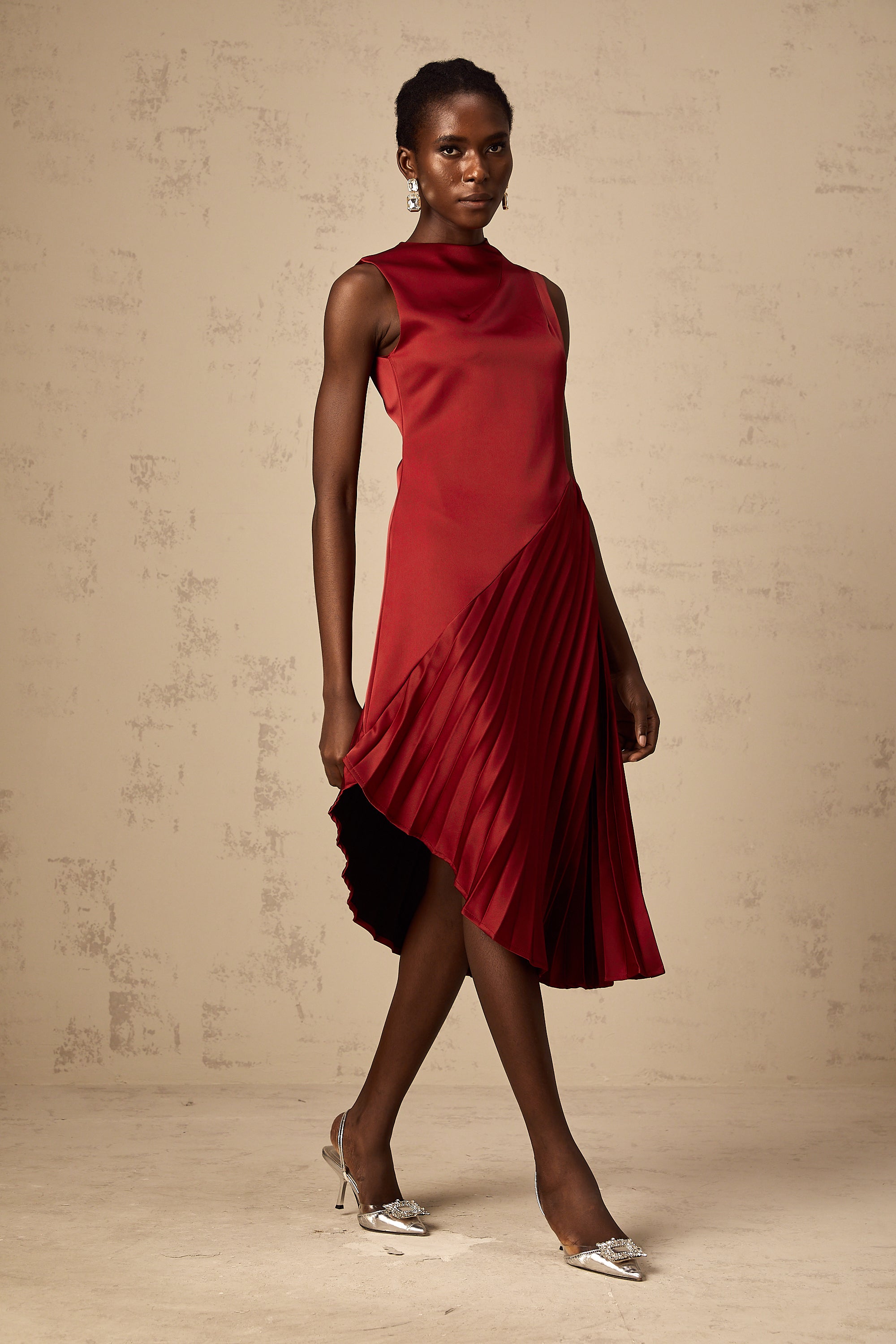 Merle wine red asymmetrical pleated midi dress (Final Sale-US Only)
