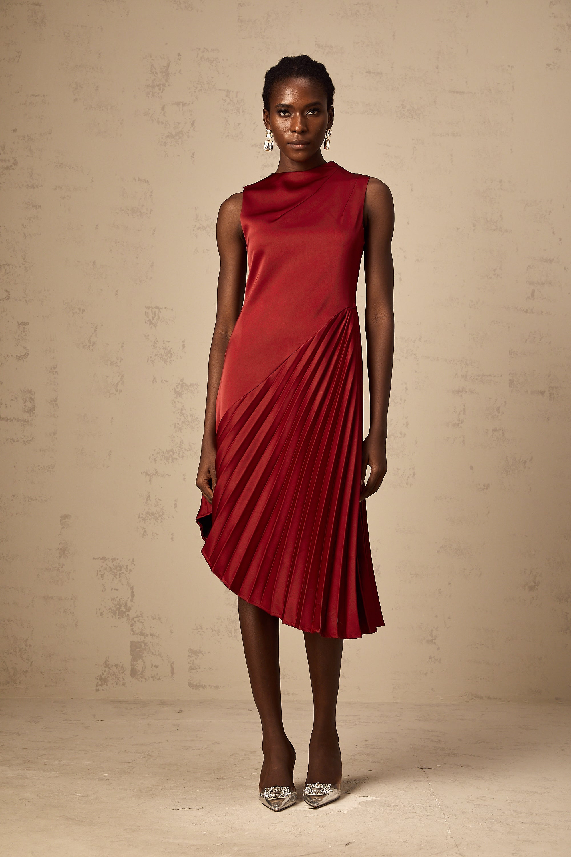 Merle wine red asymmetrical pleated midi dress (Final Sale-US Only)