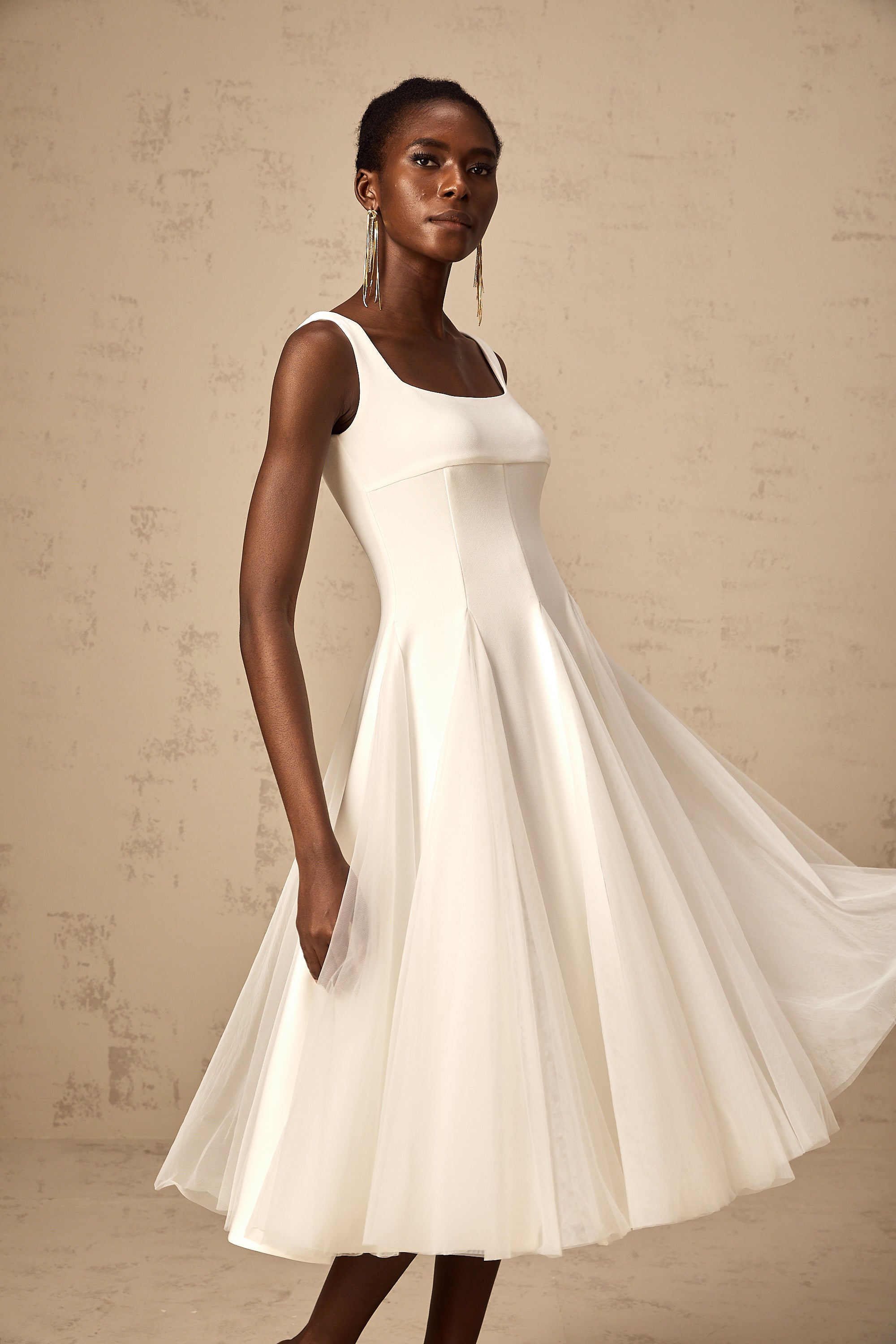 Danielle white tulle godet midi dress (Final Sale-US Only)