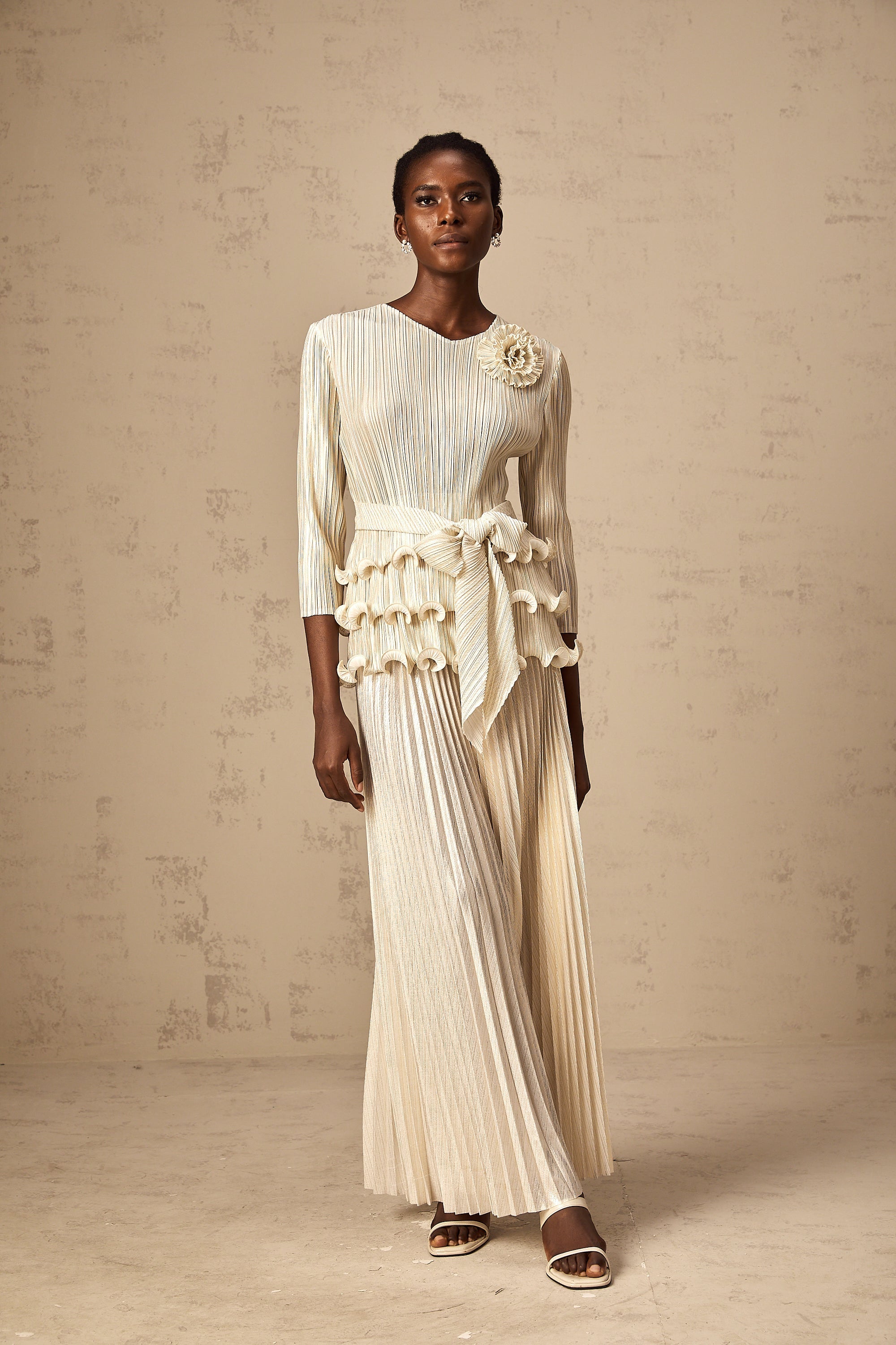 Cloris floral-appliqué ruffled pleated top & trousers (Final Sale)