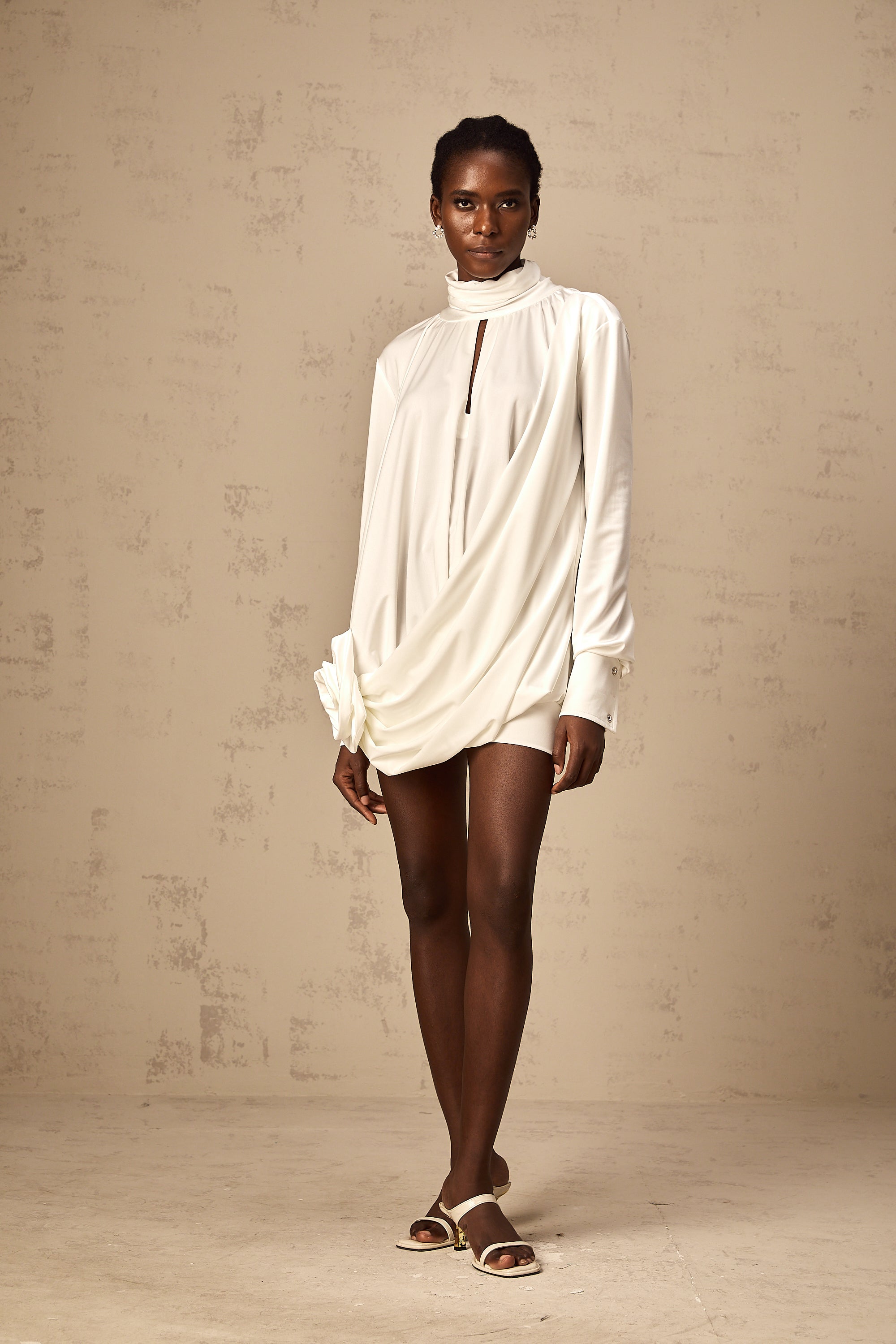 Maeva faux-flower ruched mini dress in White (Final Sale)