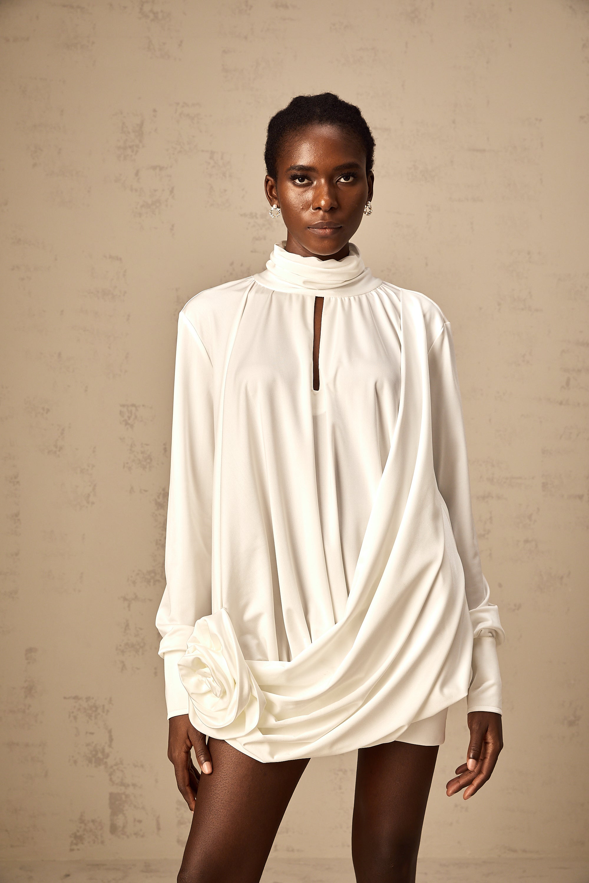 Maeva faux-flower ruched mini dress in White (Final Sale)