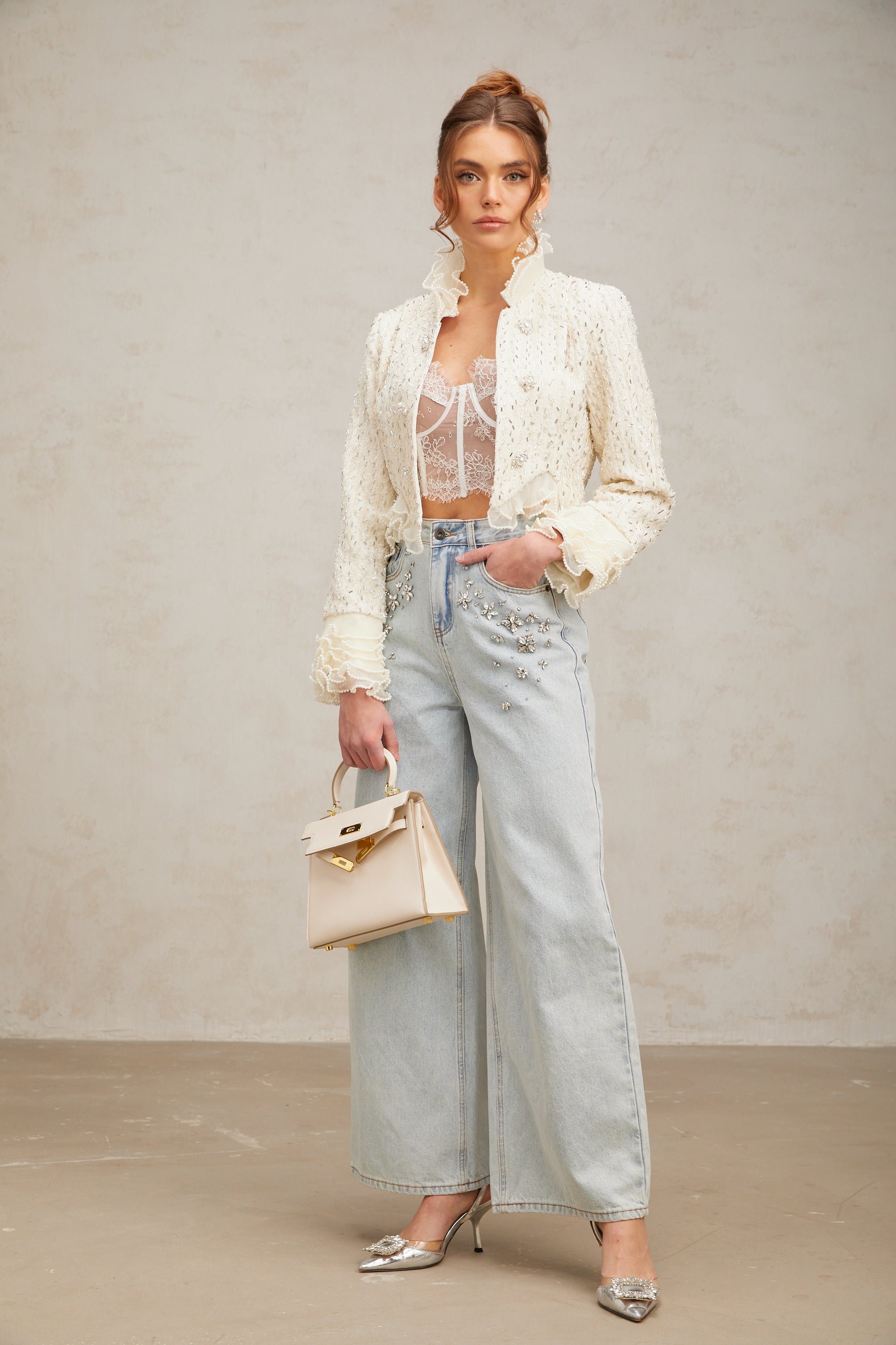 Blanche white beaded ruffle cropped jacket (Final Sale)