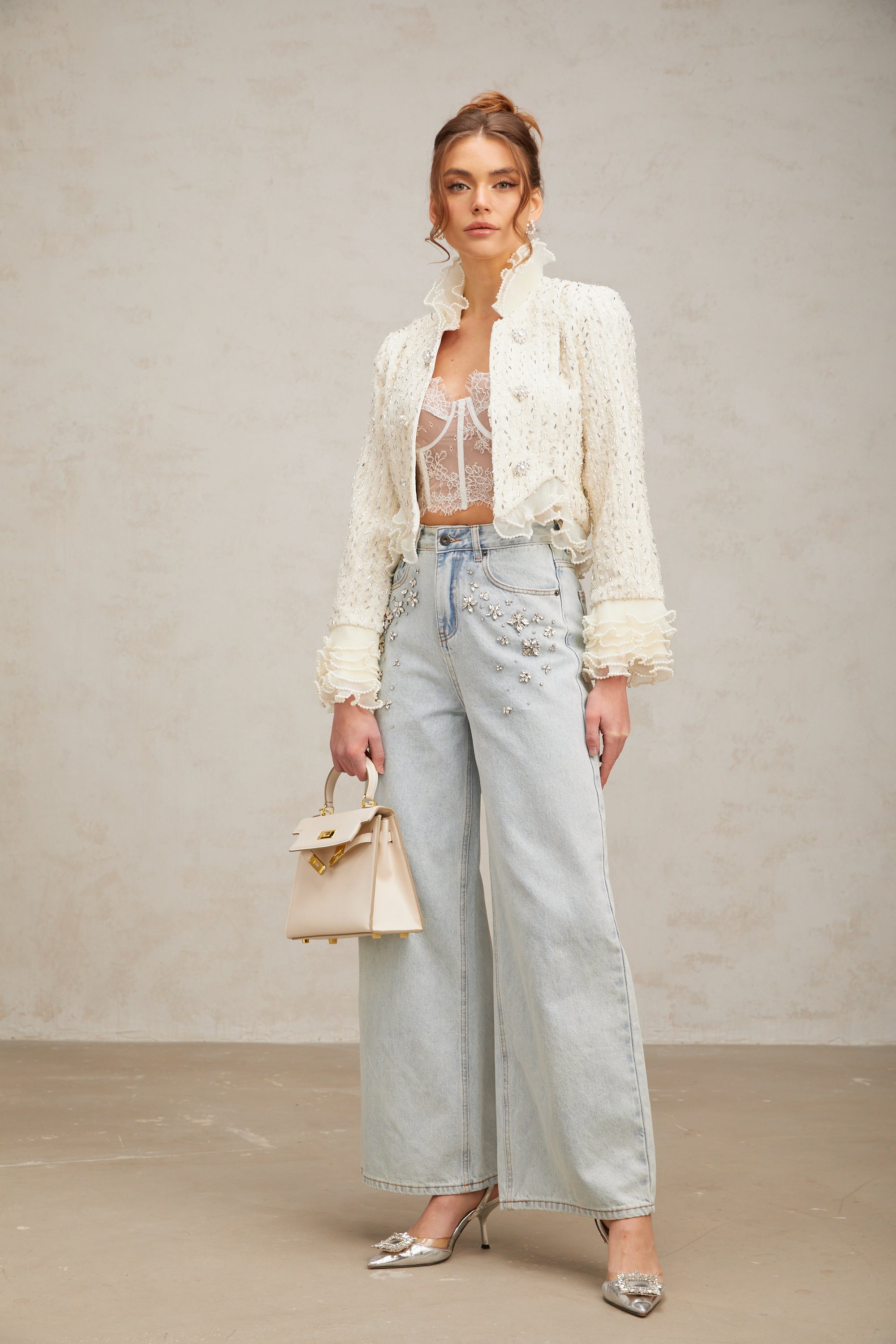 Blanche white beaded ruffle cropped jacket (Final Sale)