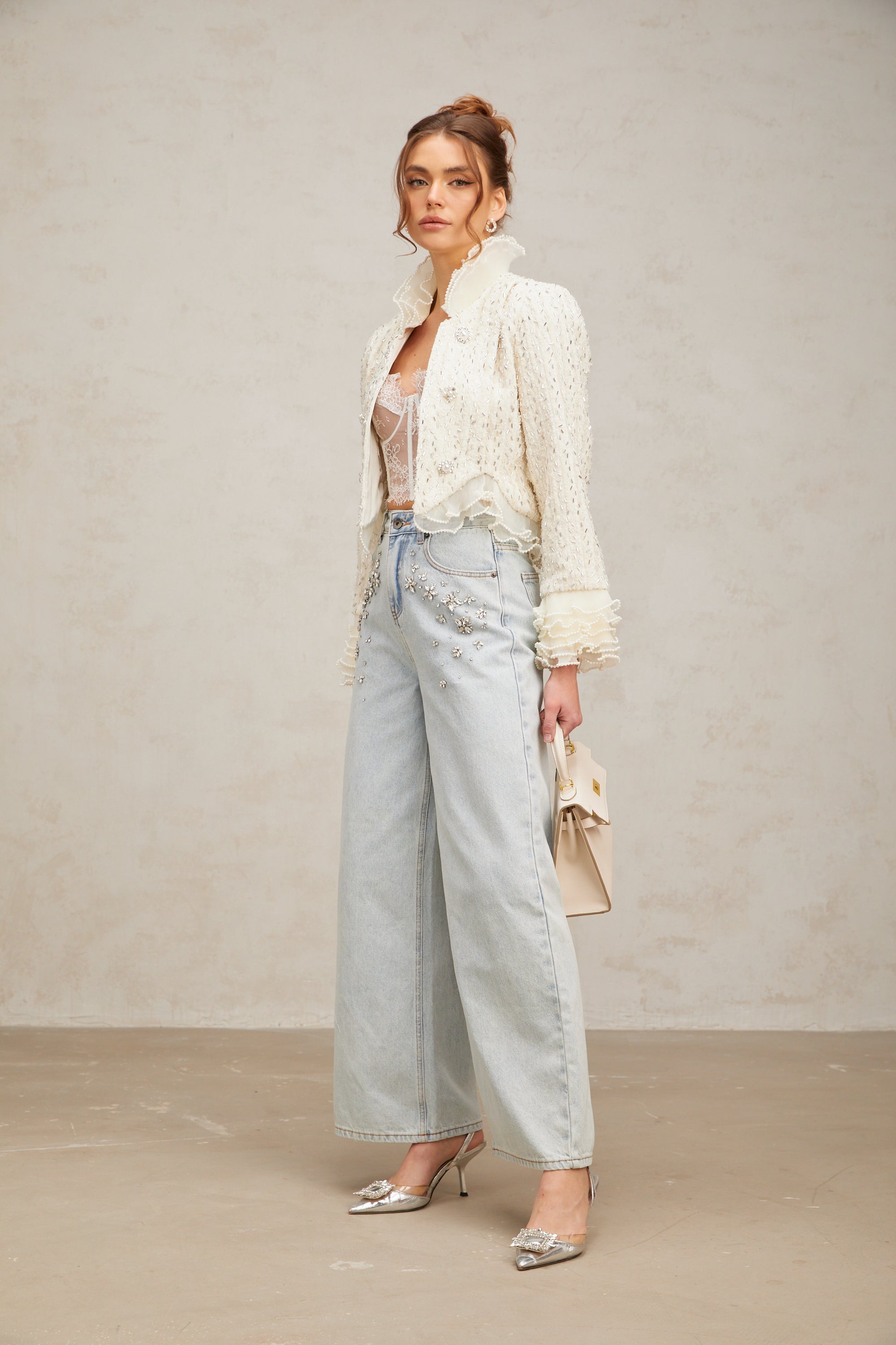 Blanche white beaded ruffle cropped jacket (Final Sale)