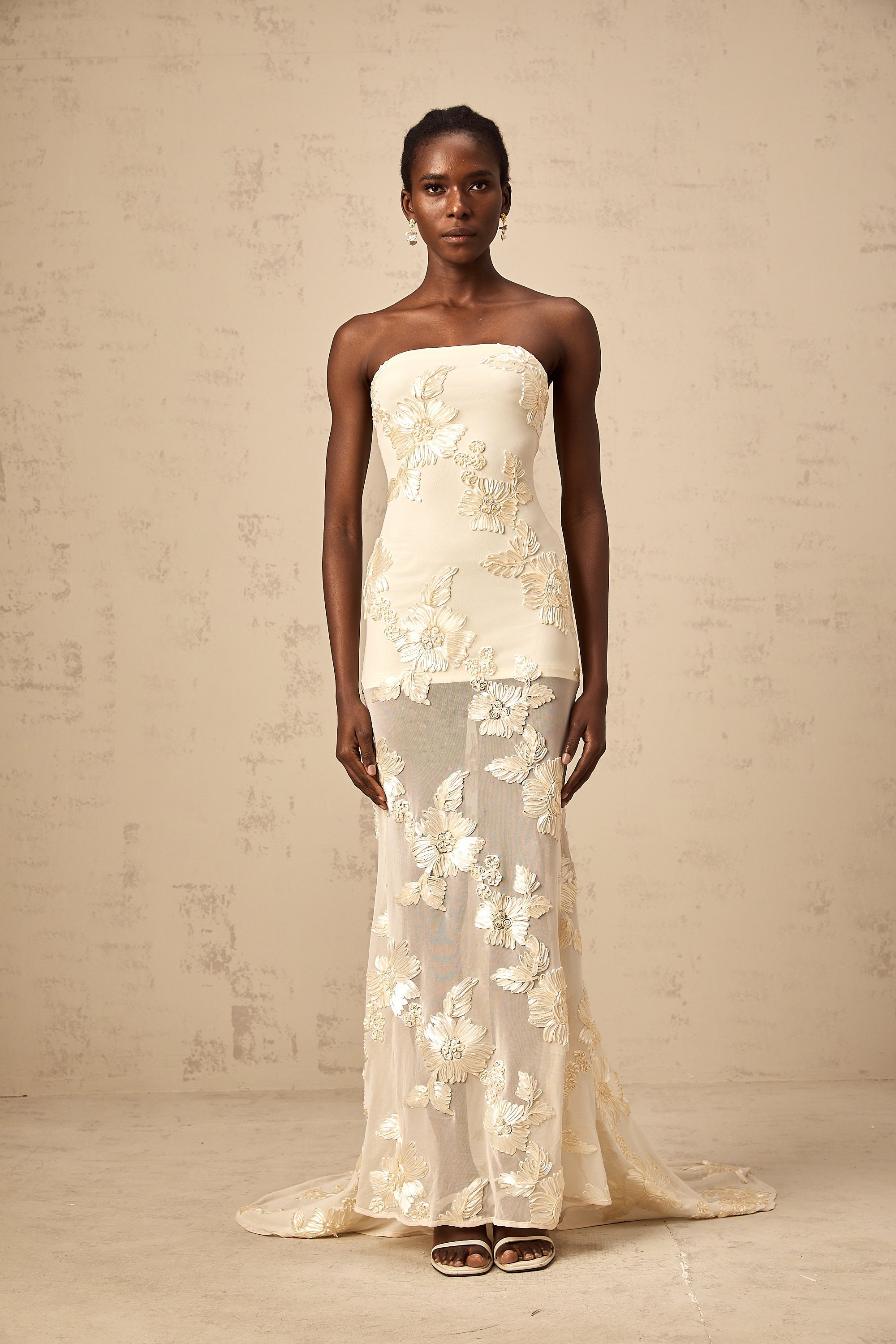 Melanie neutrals embroidered off-shoulder maxi dress (Final Sale)