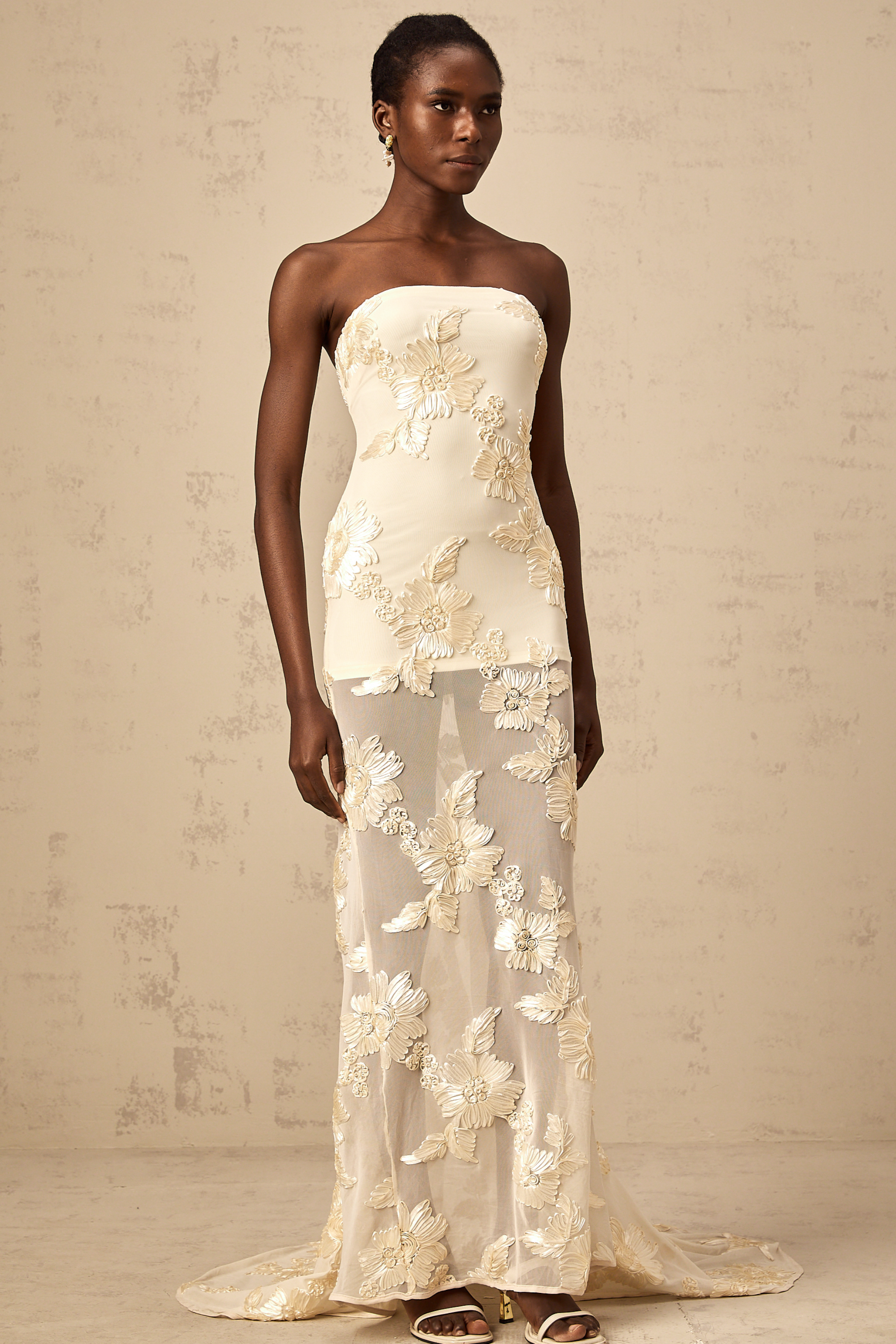 Melanie neutrals embroidered off-shoulder maxi dress (Final Sale)