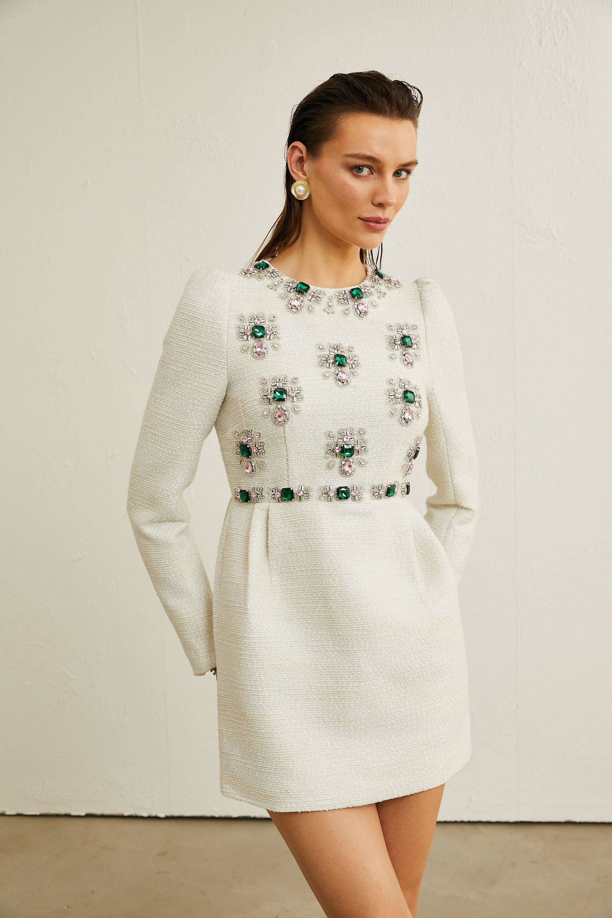 Pauline white tweed bead-embellished mini dress (Final Sale)