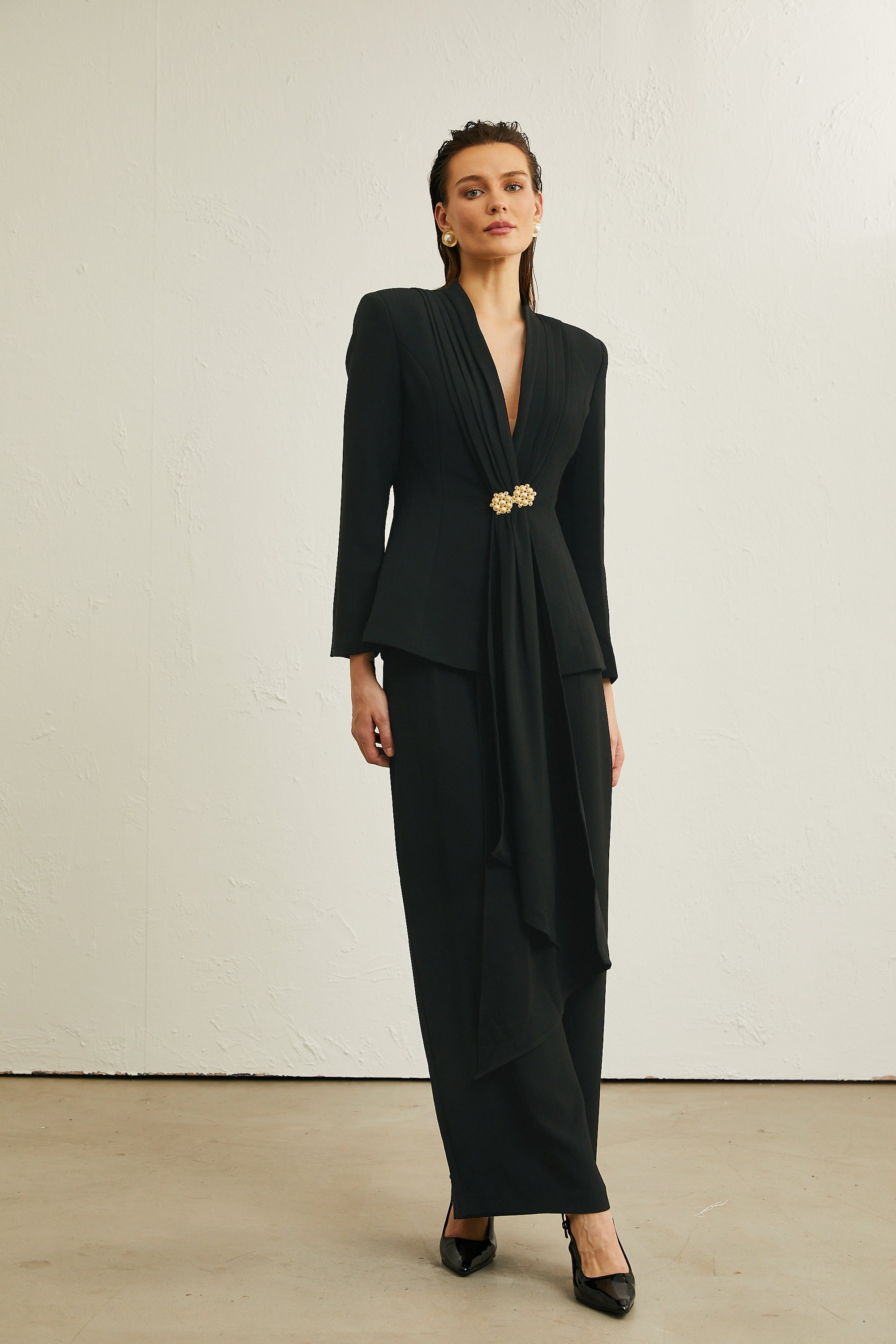 Suzanne black pleated jacket & trousers matching set (Final Sale)