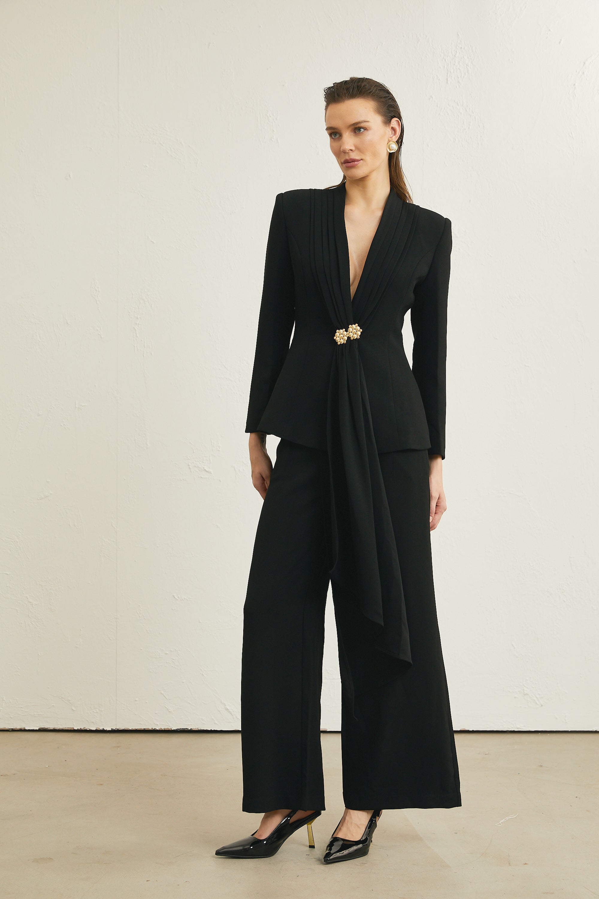 Suzanne black pleated jacket & trousers matching set (Final Sale)