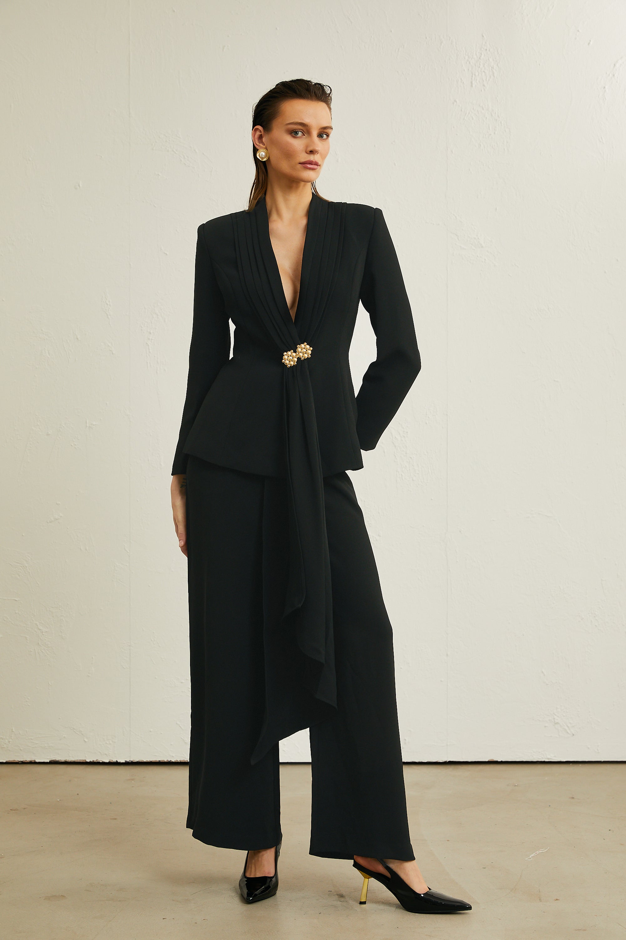 Suzanne black pleated jacket & trousers matching set (Final Sale)