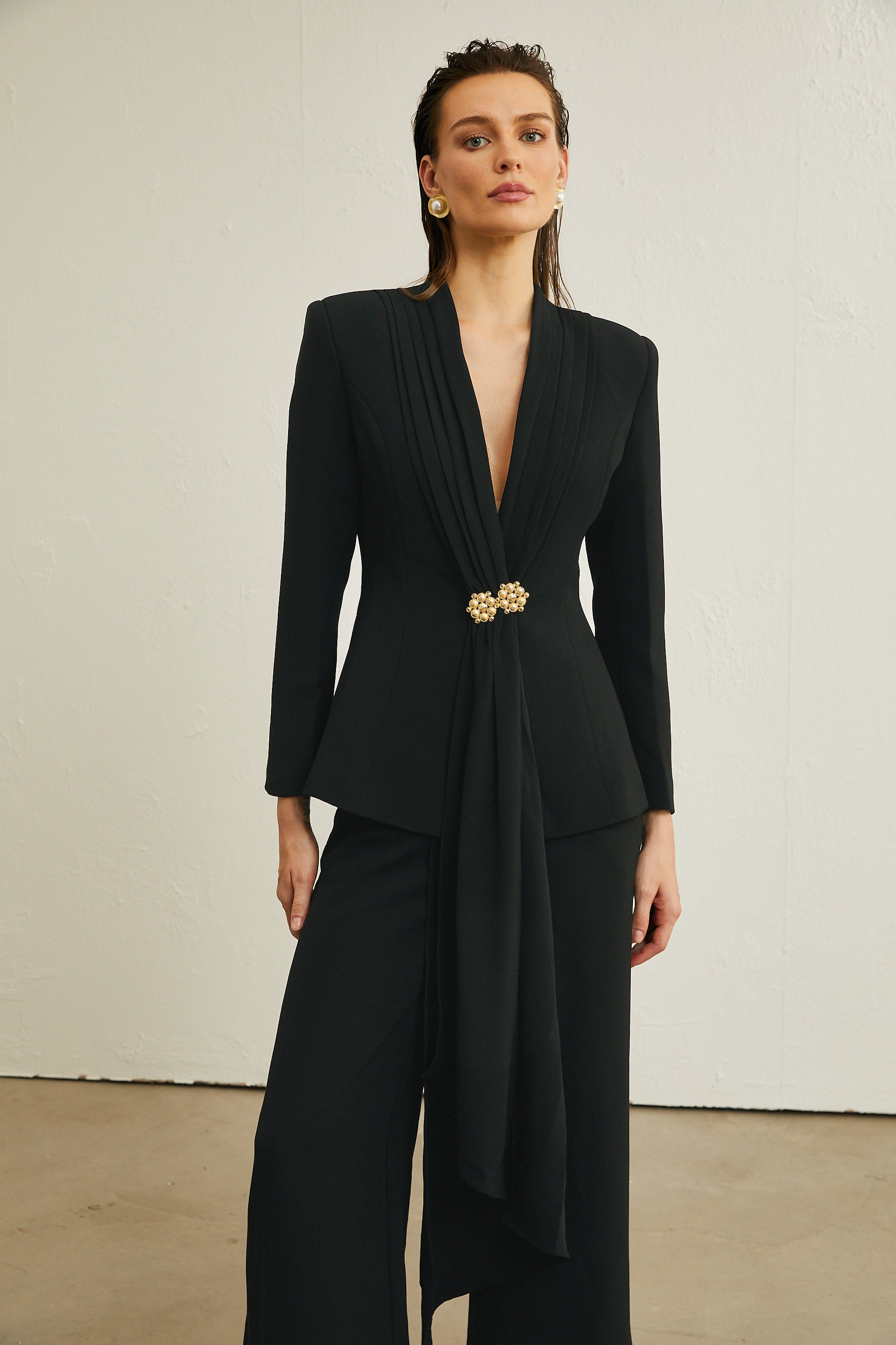 Suzanne black pleated jacket & trousers matching set (Final Sale)