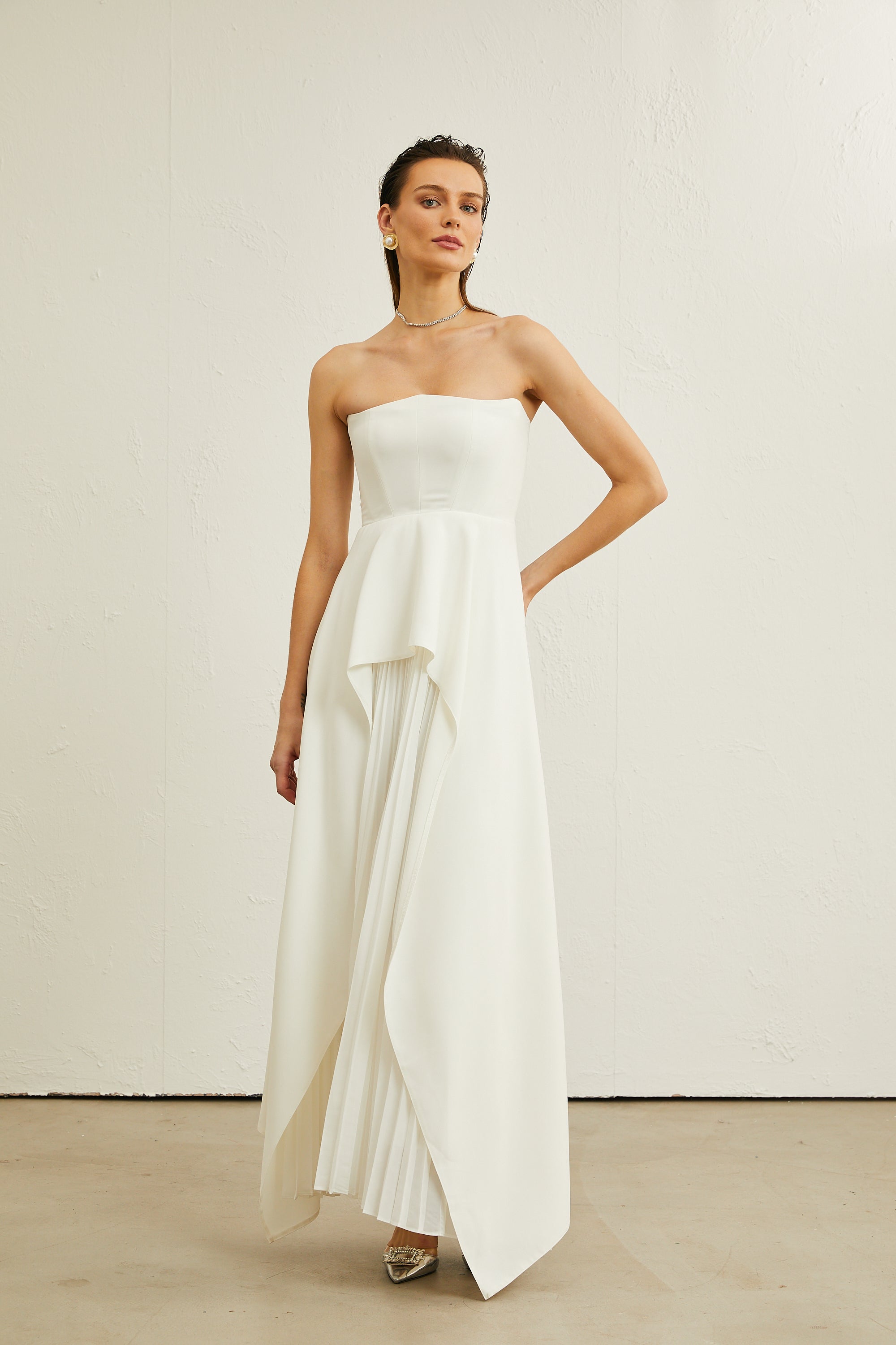 Vanessa white pleated off-shoulder maxi dress(Final Sale)
