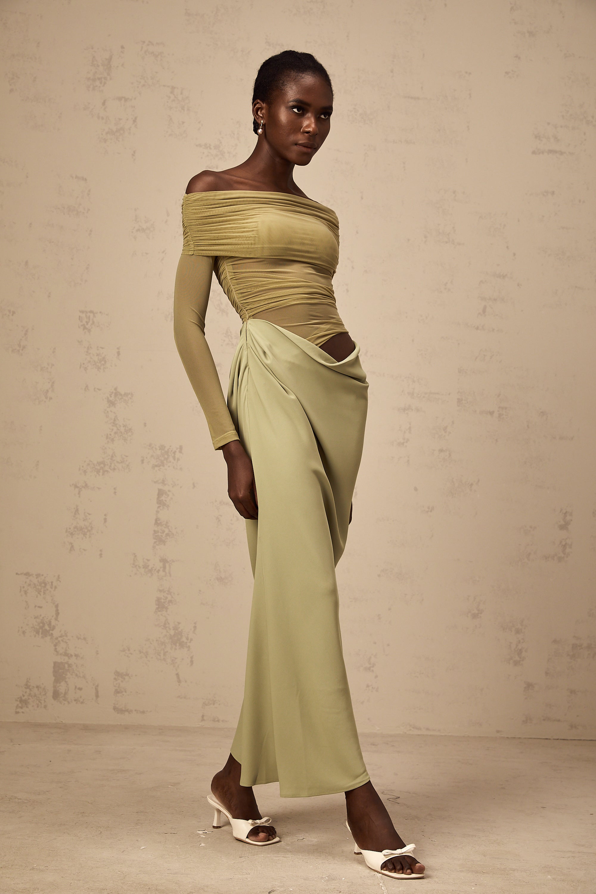 Estelle off-shoulder semi-sheer midi dress in Green (Final Sale-US Only)